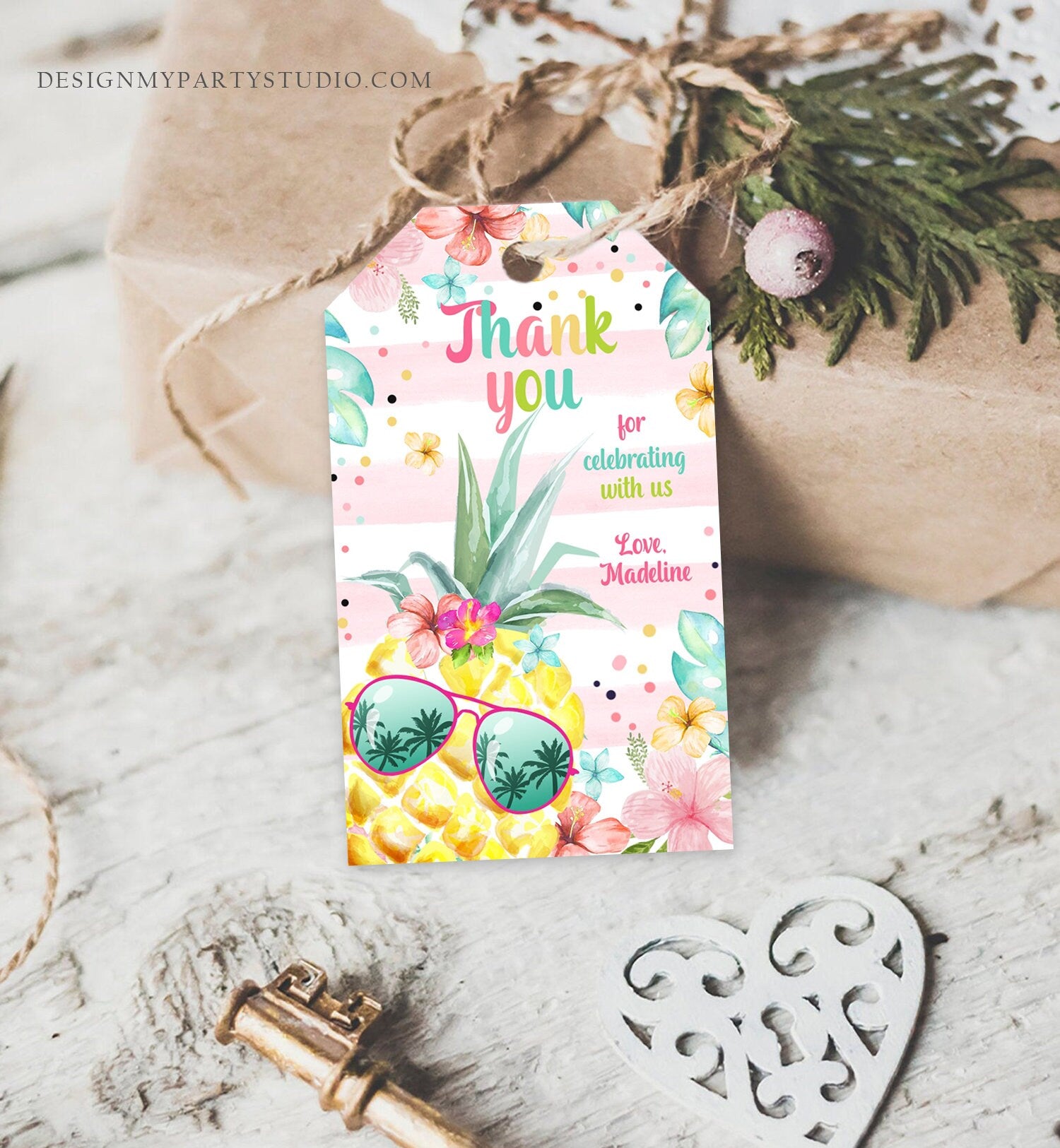 Editable Tropical Aloha Hawaiian Favor Tag Luau Birthday Party Pineapple Favor Tag Mahalo Pool Party Girl Digital Template Printable 0391