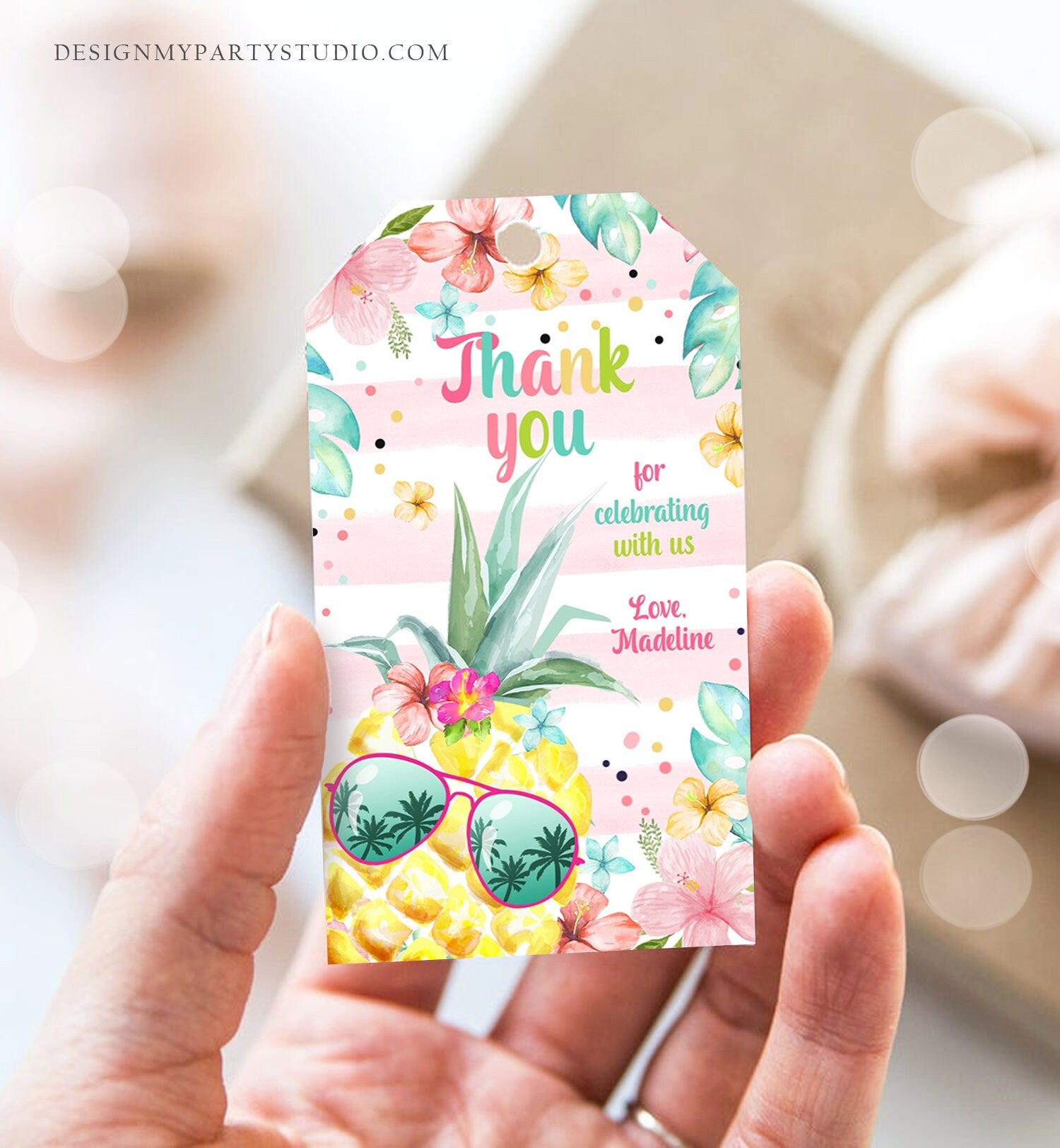 Editable Tropical Aloha Hawaiian Favor Tag Luau Birthday Party Pineapple Favor Tag Mahalo Pool Party Girl Digital Template Printable 0391