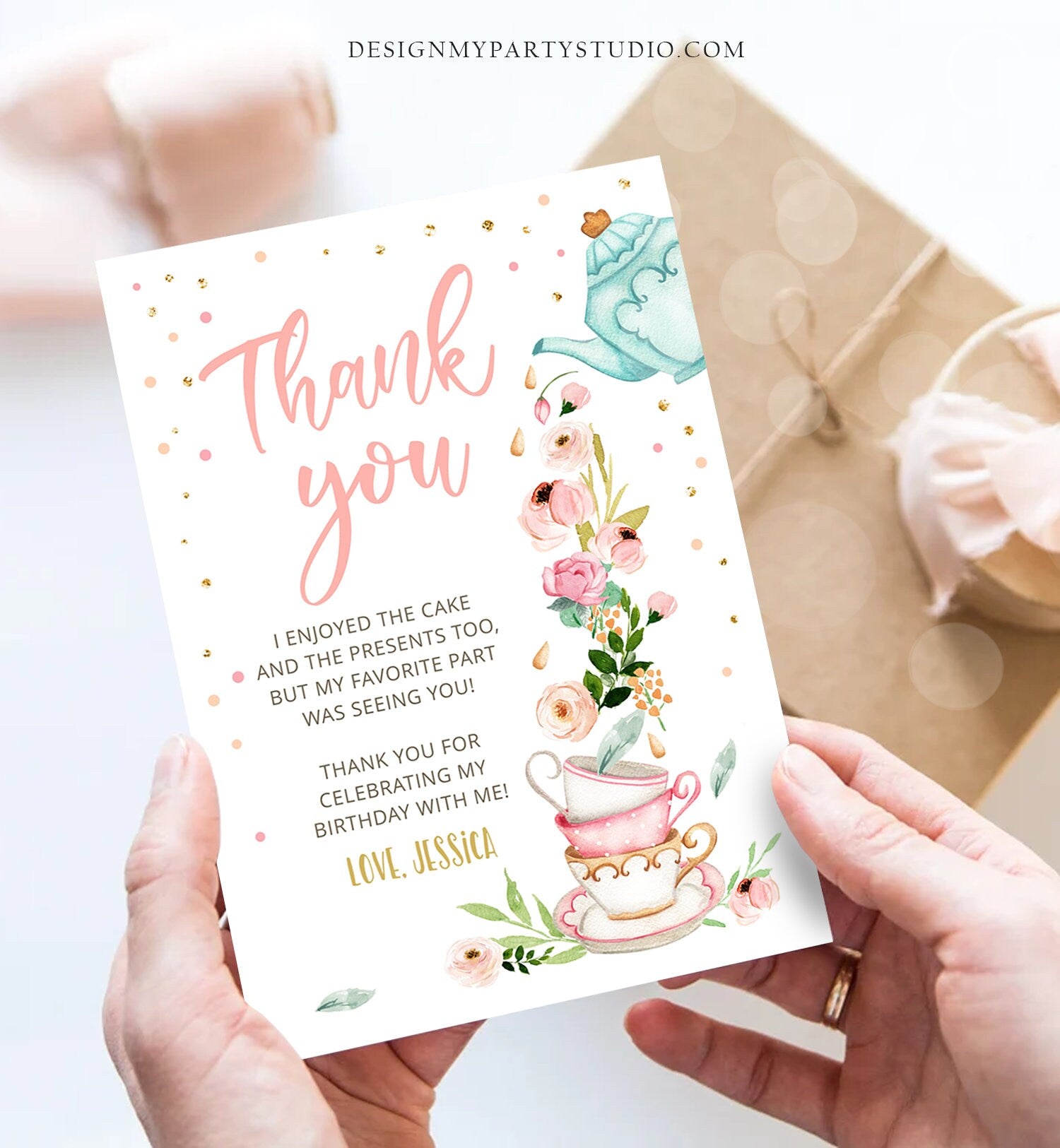 Editable Tea Party Thank you Card Floral Tea Birthday Baby Shower Girl Pink Tea Birthday Tea for Two PRINTABLE Download Corjl Template 0349