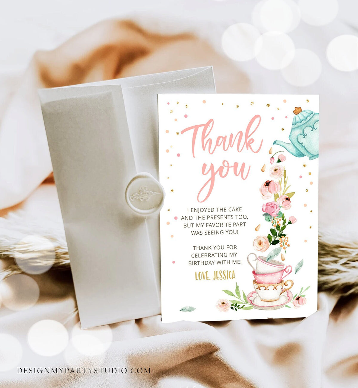 Editable Tea Party Thank you Card Floral Tea Birthday Baby Shower Girl Pink Tea Birthday Tea for Two PRINTABLE Download Corjl Template 0349