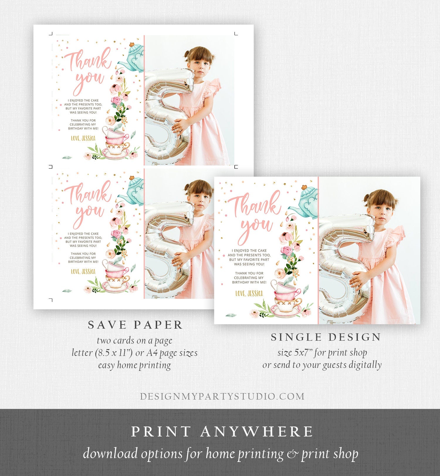 Editable Tea Party Thank you Card Floral Tea Birthday Baby Shower Girl Pink Tea Birthday Tea for Two PRINTABLE Download Corjl Template 0349