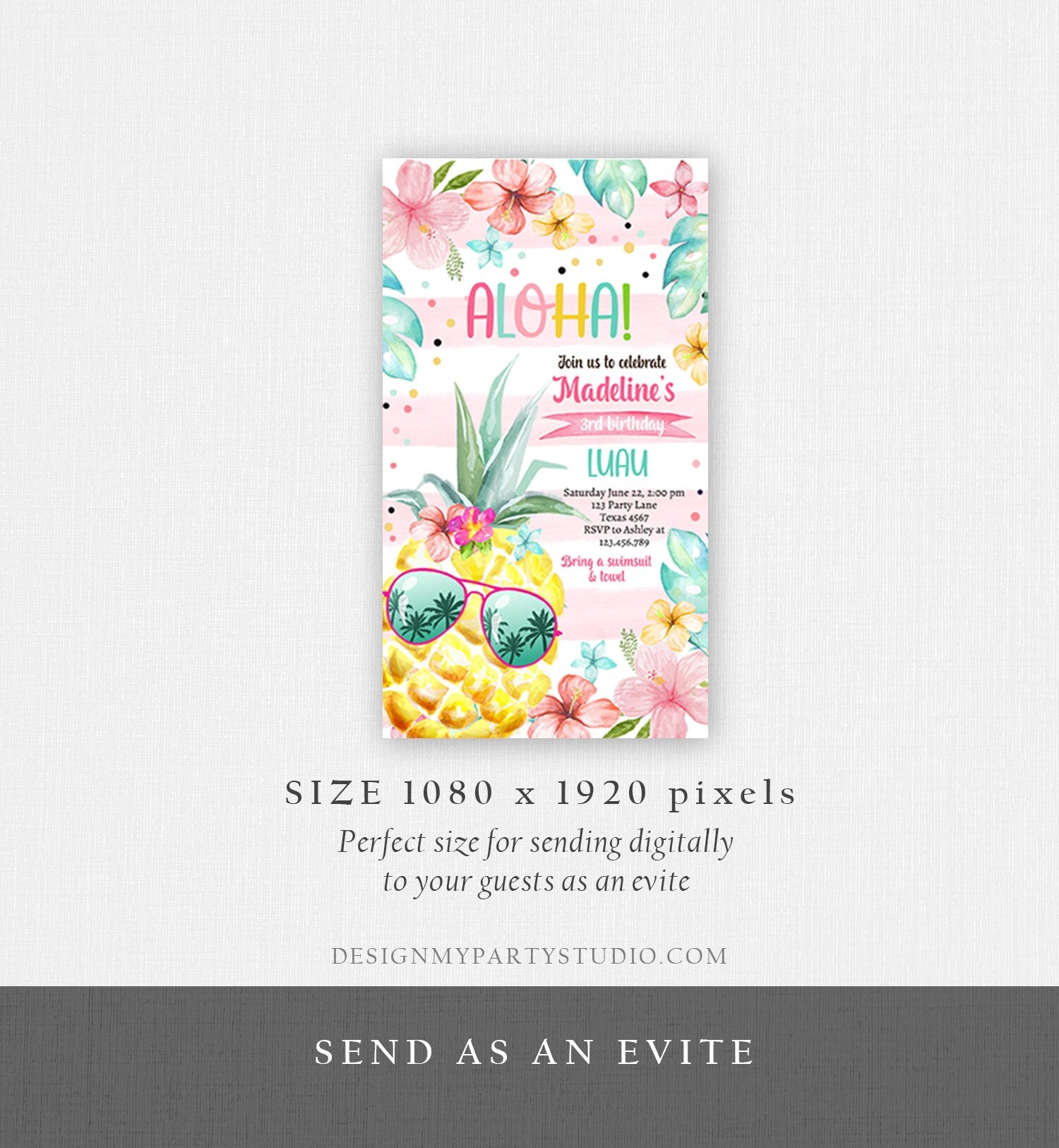 Editable Hawaiian Luau Birthday Evite Pineapple Birthday Pool Party Pink Girl Electronic Phone Download Digital Template Printable 0391