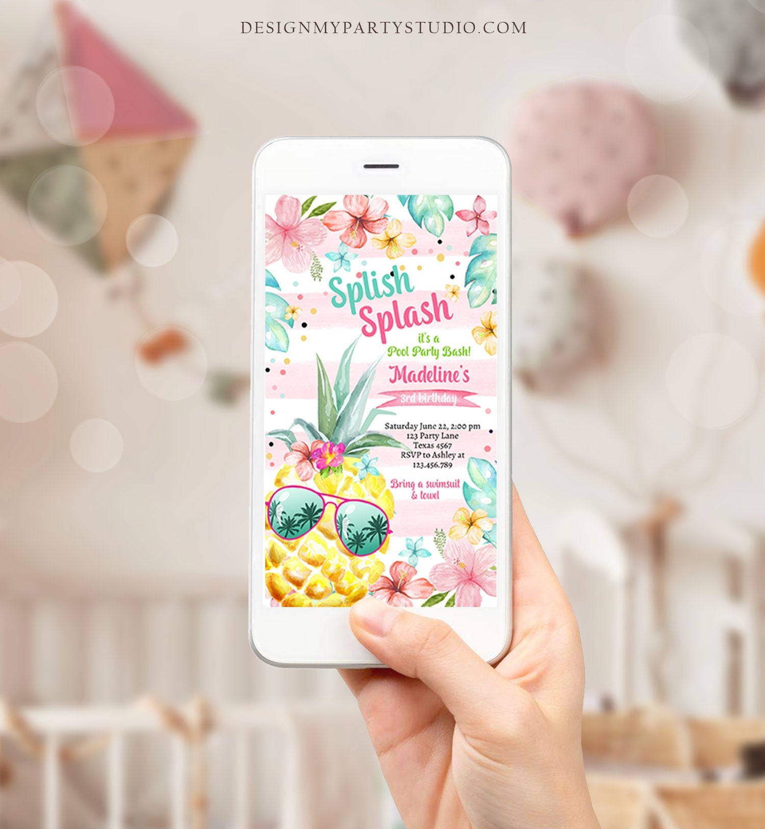 Editable Hawaiian Luau Birthday Evite Pineapple Birthday Party Pool Party Pink Girl Electronic Phone Download Corjl Template Printable 0391