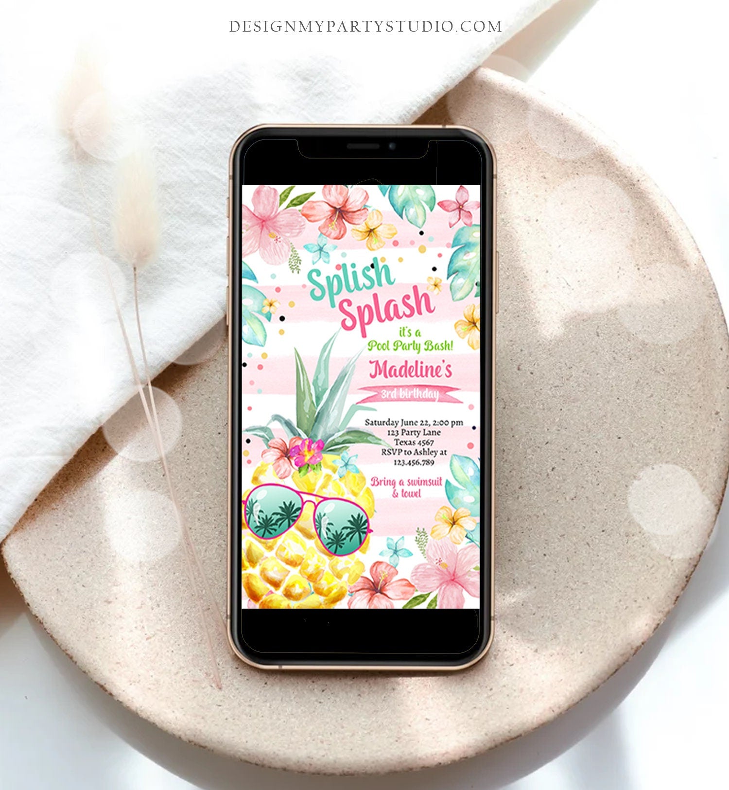 Editable Hawaiian Luau Birthday Evite Pineapple Birthday Party Pool Party Pink Girl Electronic Phone Download Corjl Template Printable 0391