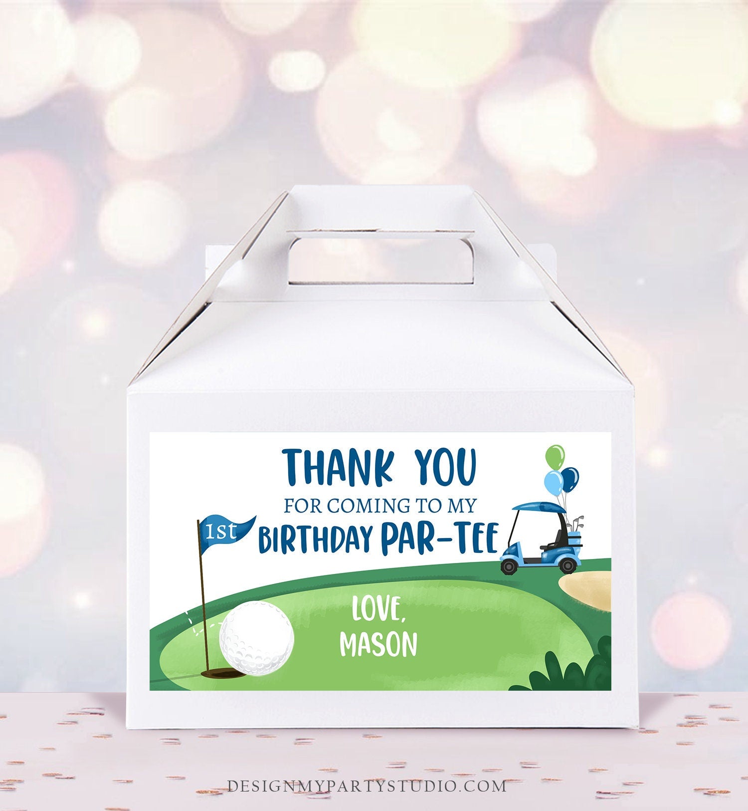 Editable Hole in One Birthday Party Gable Box Favor Label Golf Gift Box Labels Par-tee Boy Golfing 1st Blue Download Printable Corjl 0405