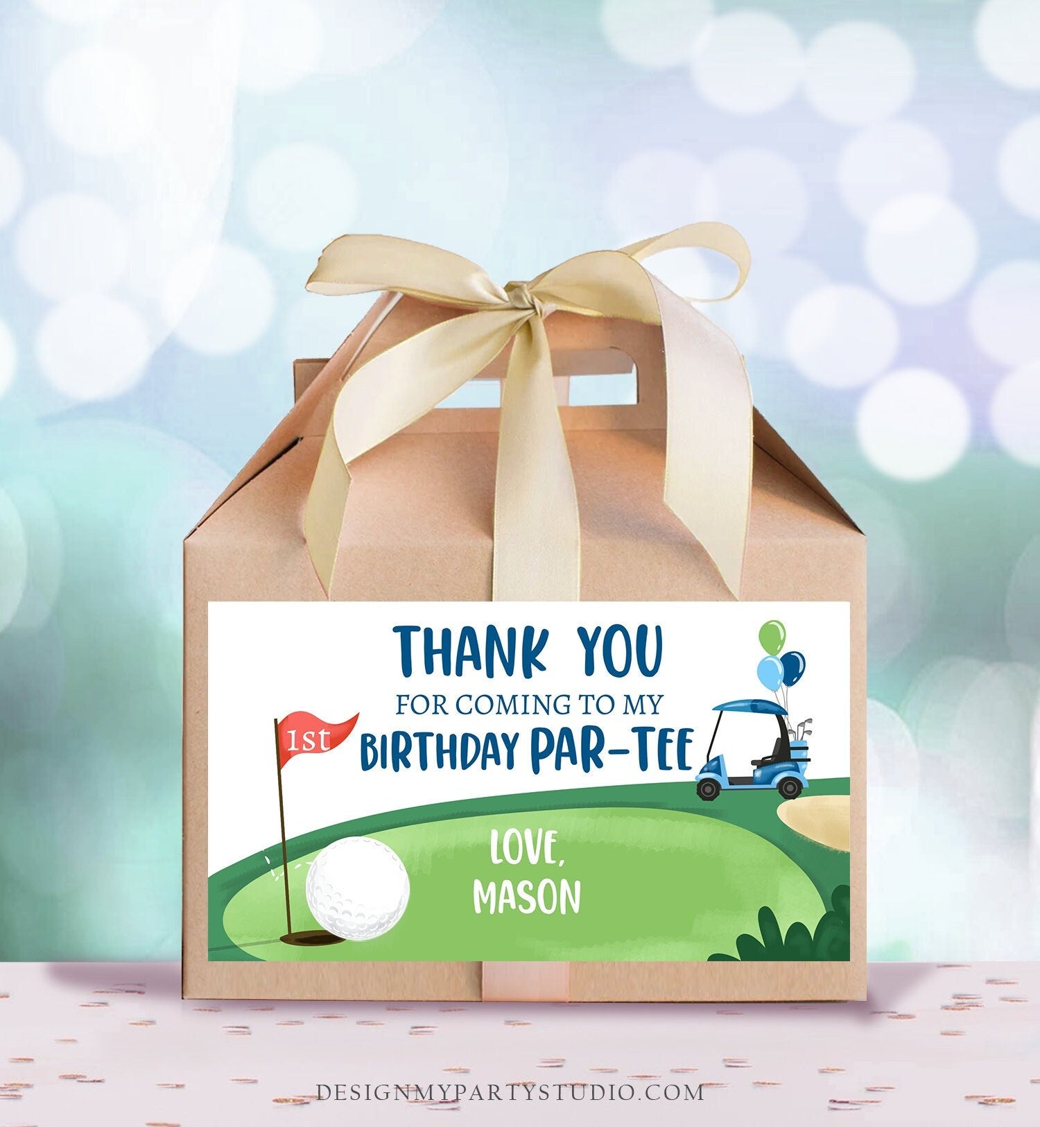 Editable Golf Hole in One Birthday Party Gable Box Favor Label Golf Gift Box Labels Par-tee Boy Golfing 1st Blue Download Printable 0405