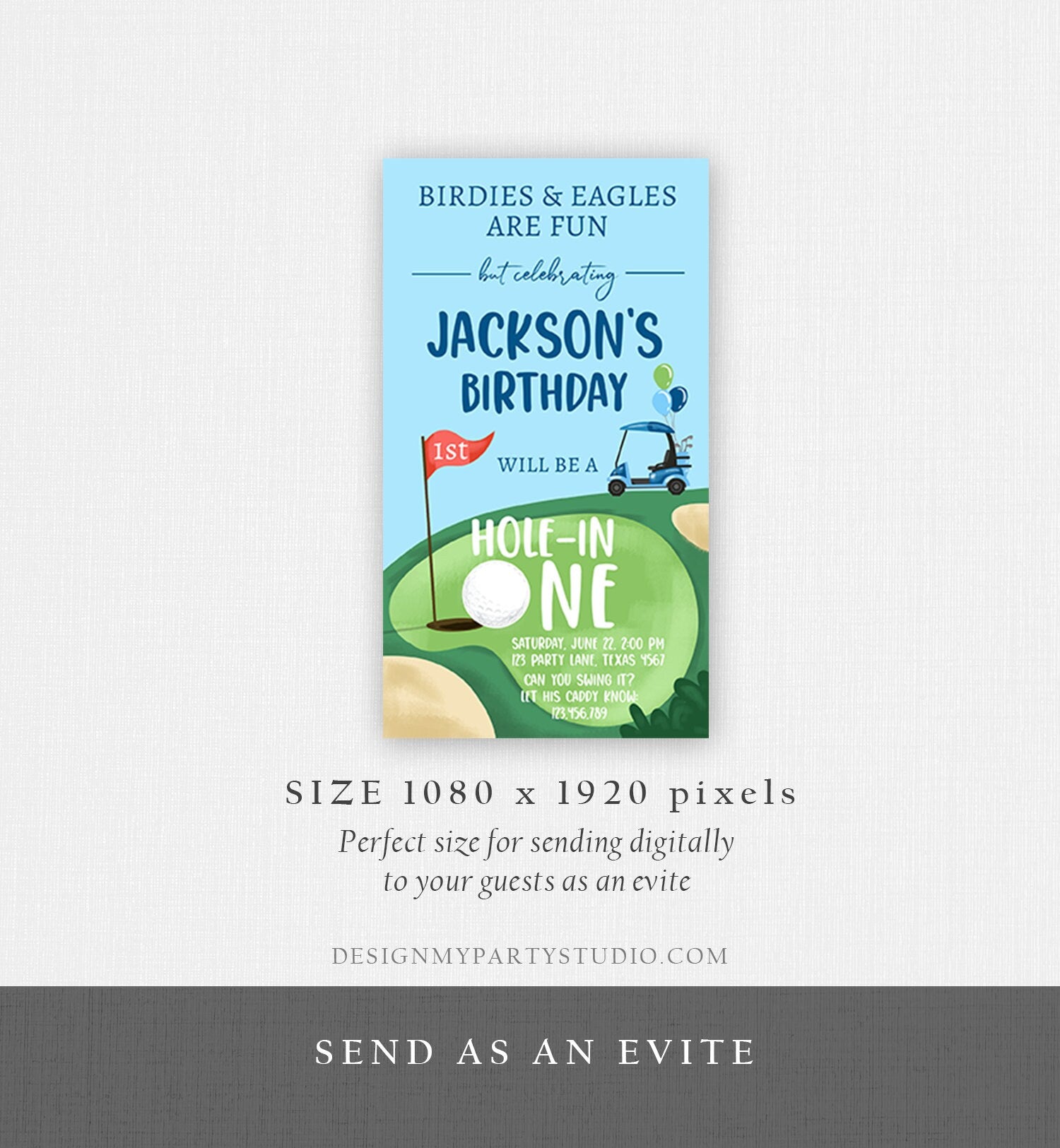 Editable Hole in One Birthday Evite Golf First Birthday Par-tee Golf Invite Boy Golf Download Electronic Phone Template Digital Corjl 0405