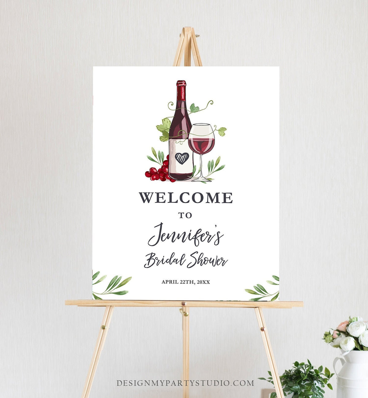 Editable Wine Welcome Sign Couples Shower Welcome Cheers to Love Brunch Bubbly Grapes Bottle White Red Floral Corjl Template Printable 0234