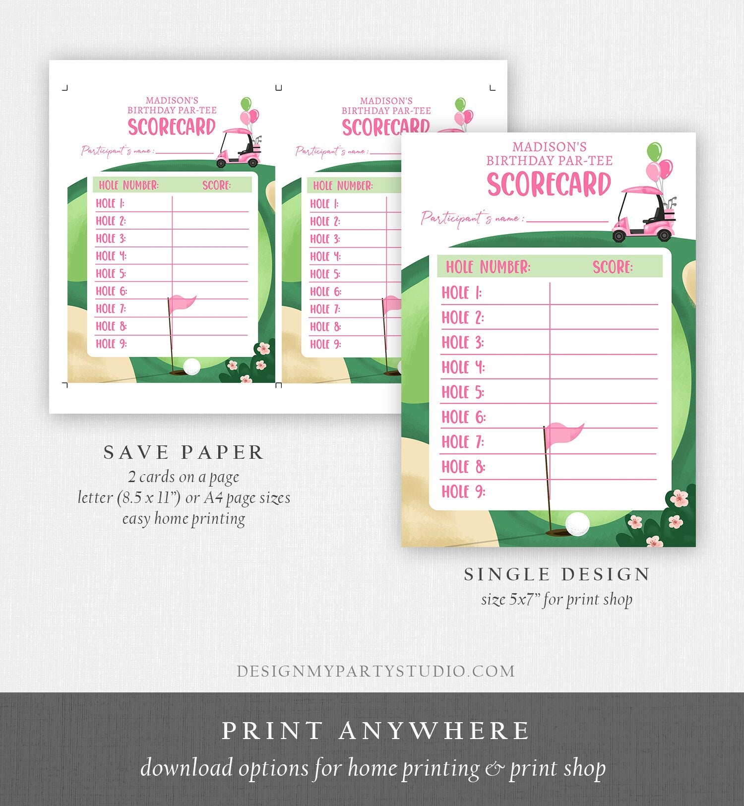 Editable Golf Score Card Birthday Par-tee Game Golfing Girl Pink Golf Baby Shower Activity Download Printable Template Digital Corjl 0405