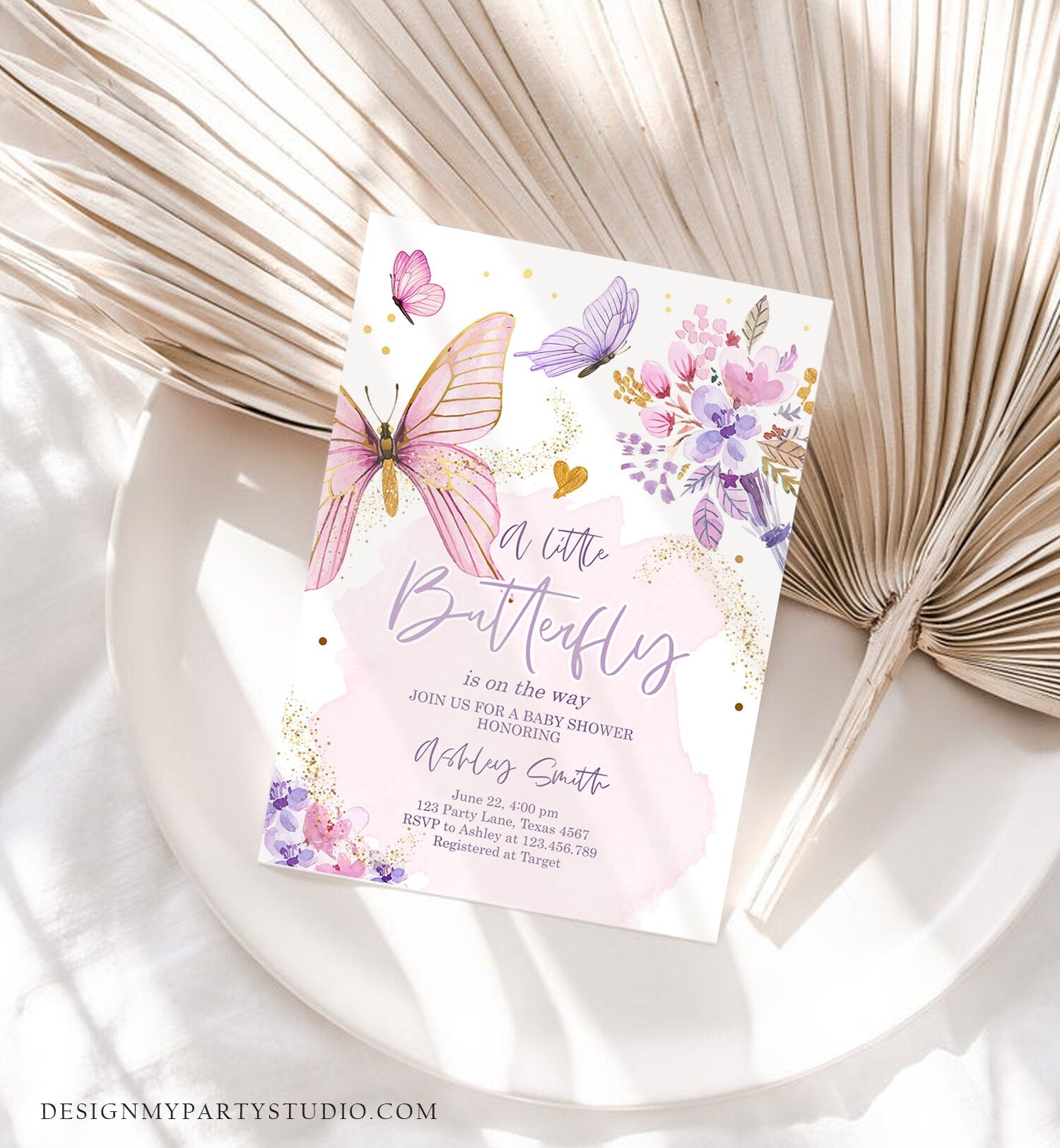 Editable Butterfly Baby Shower Invitation Purple Butterfly on The Way Invite Floral Pink Gold Girl Download Printable Template Corjl 0437