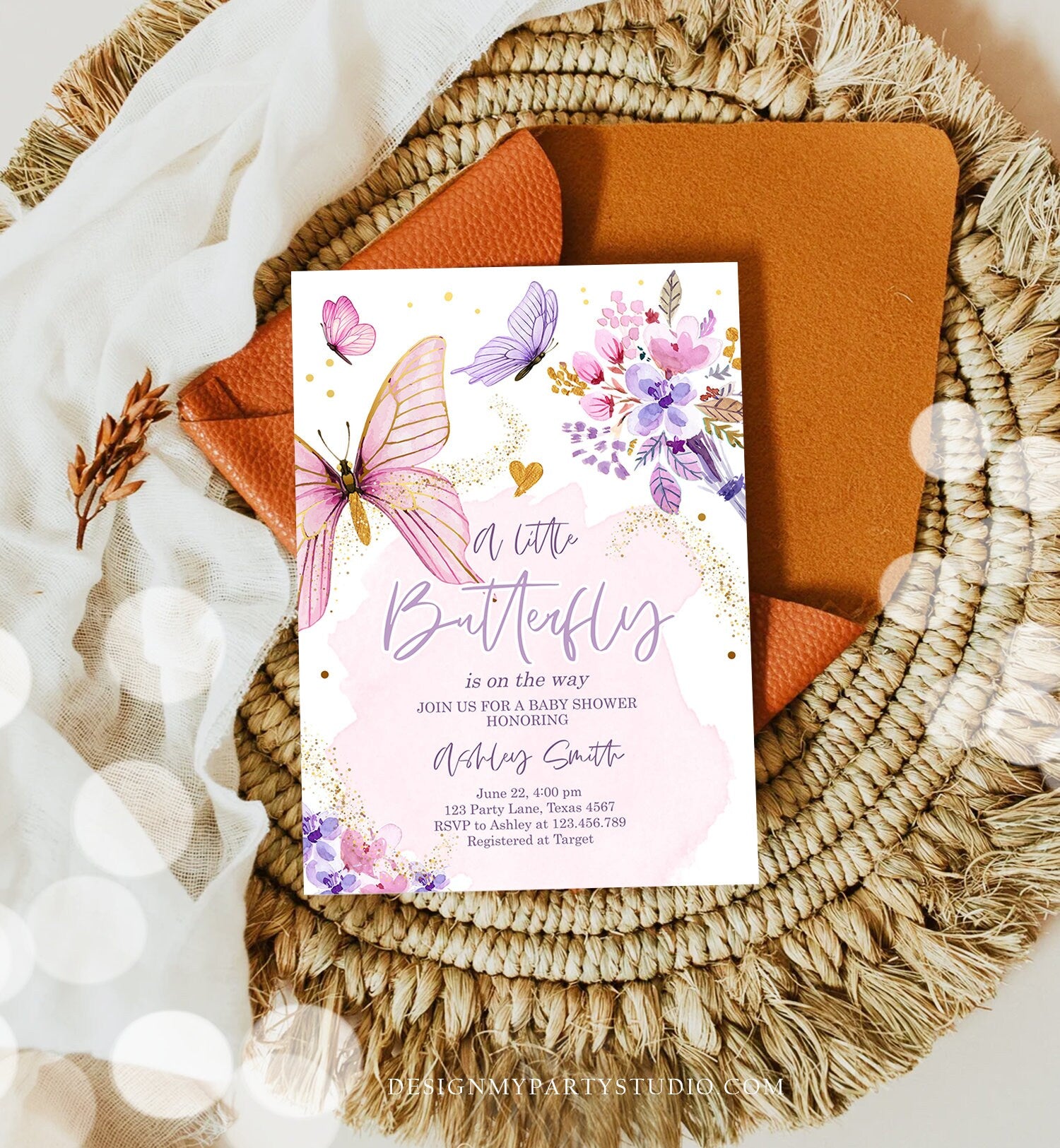 Editable Butterfly Baby Shower Invitation Purple Butterfly on The Way Invite Floral Pink Gold Girl Download Printable Template Corjl 0437