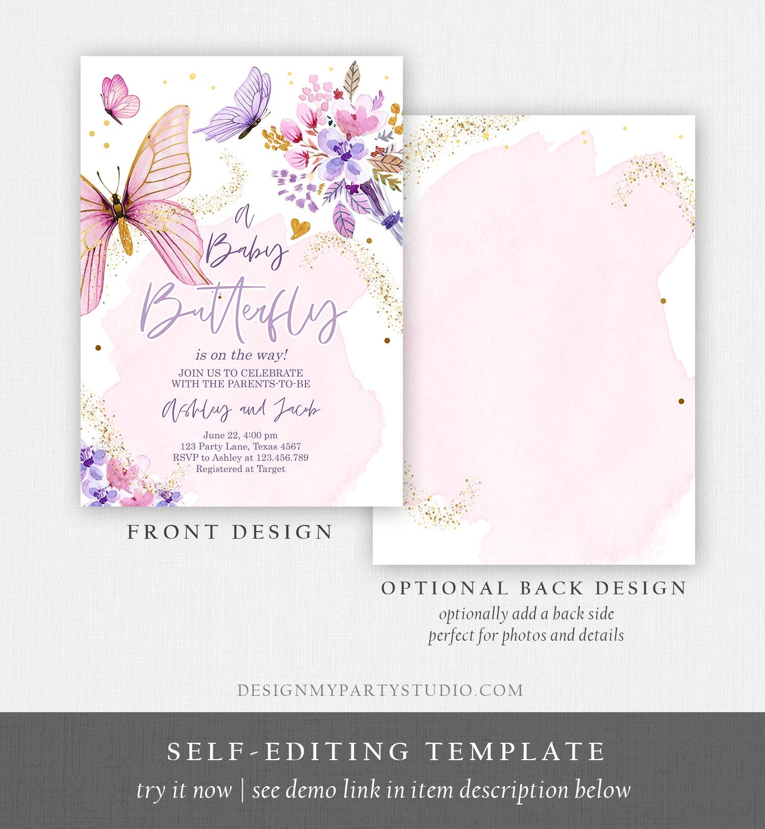 Editable Butterfly Baby Shower Invitation Purple Butterfly on The Way Invite Floral Pink Gold Girl Download Printable Template Corjl 0437