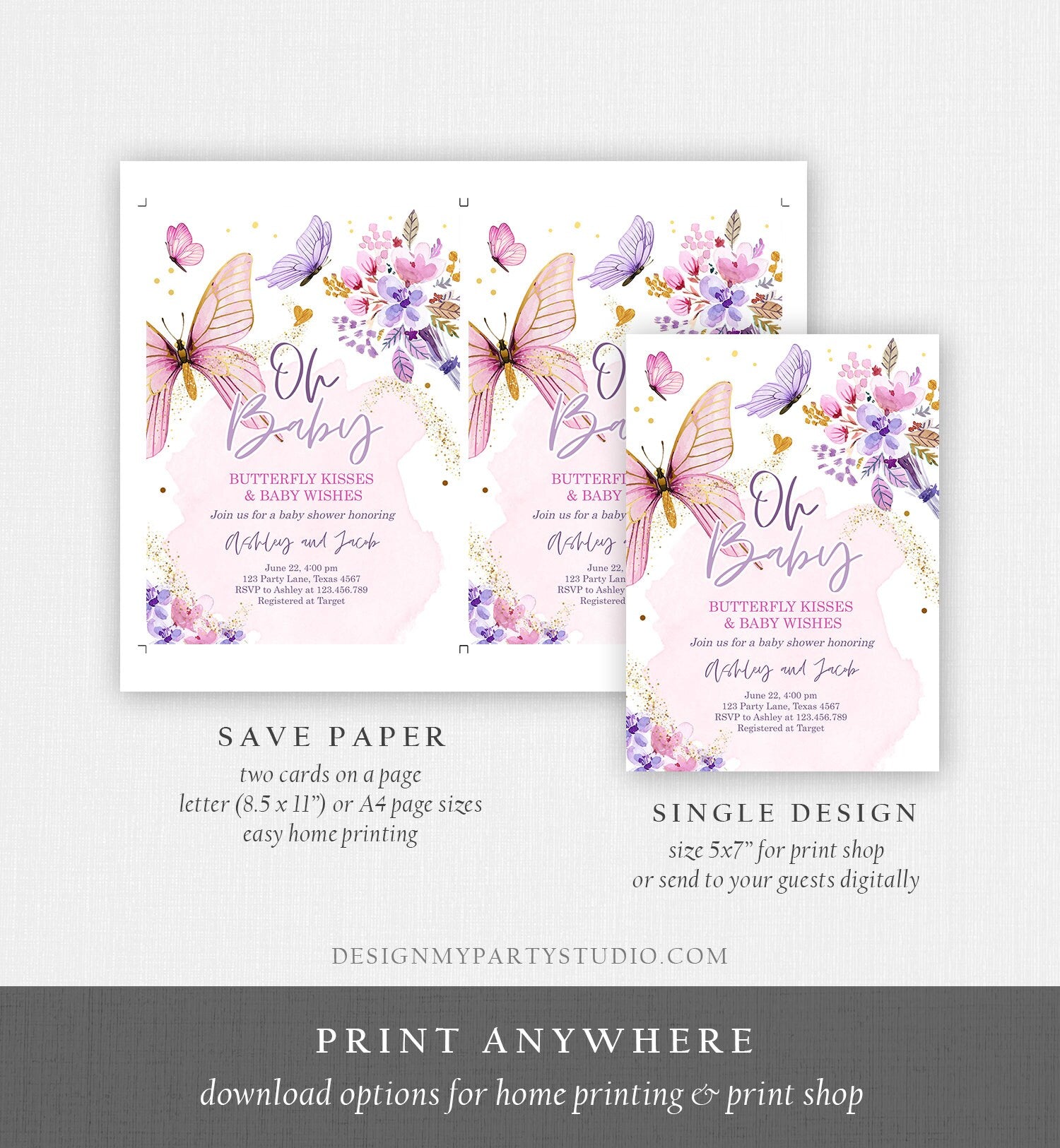 Editable Butterflies Baby Shower Invite Purple Butterfly Kisses Invitation Floral Pink Gold Girl Download Printable Template Corjl 0437