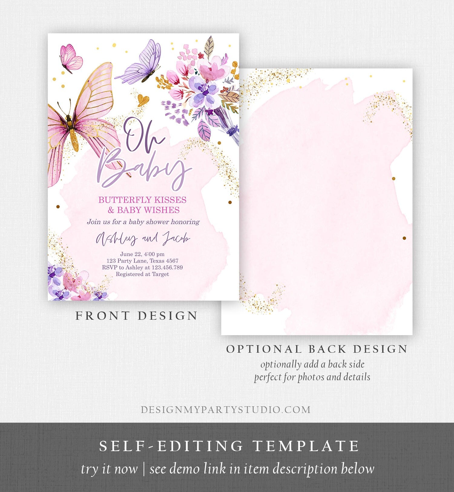 Editable Butterflies Baby Shower Invite Purple Butterfly Kisses Invitation Floral Pink Gold Girl Download Printable Template Corjl 0437