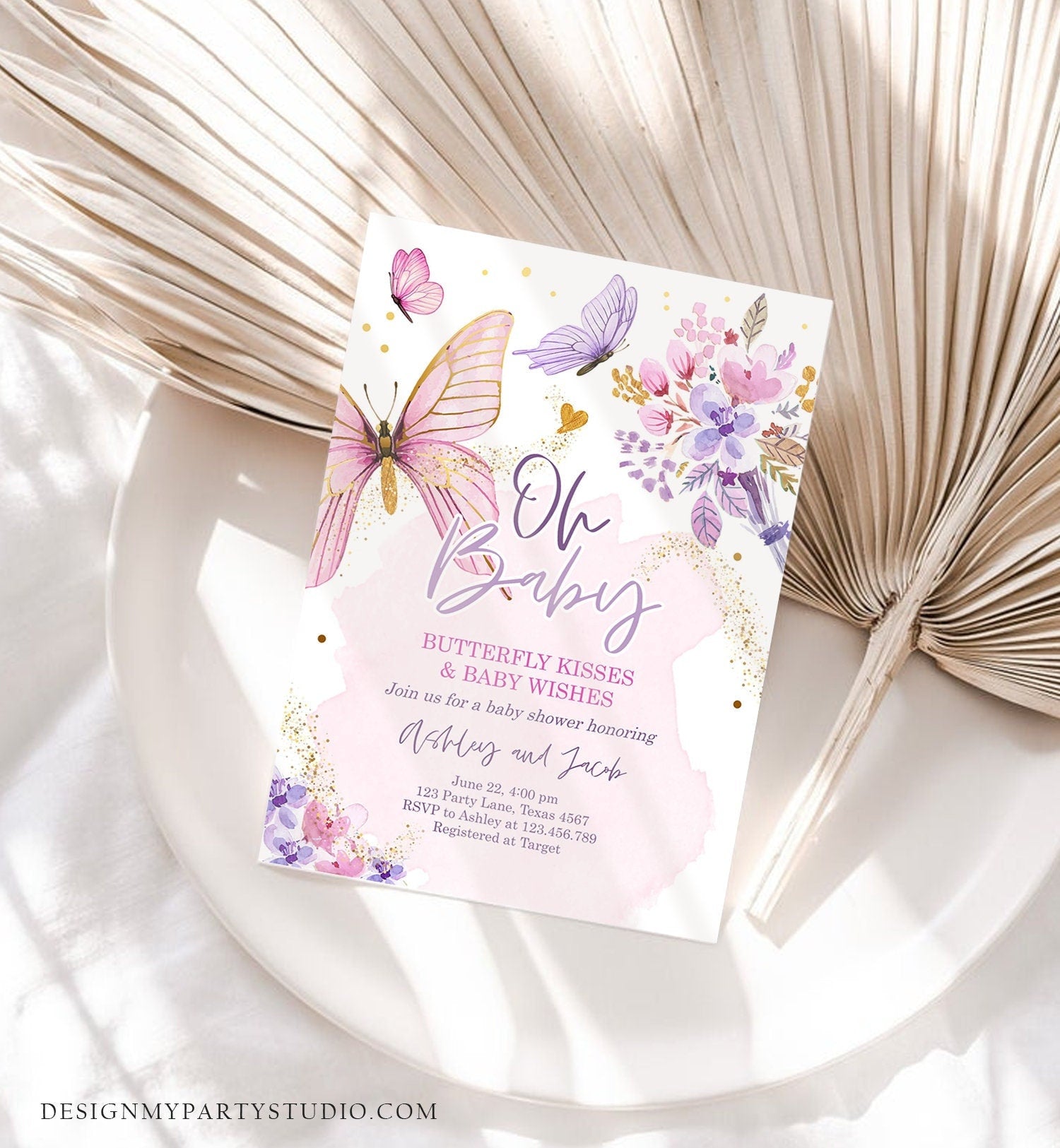 Editable Butterflies Baby Shower Invite Purple Butterfly Kisses Invitation Floral Pink Gold Girl Download Printable Template Corjl 0437