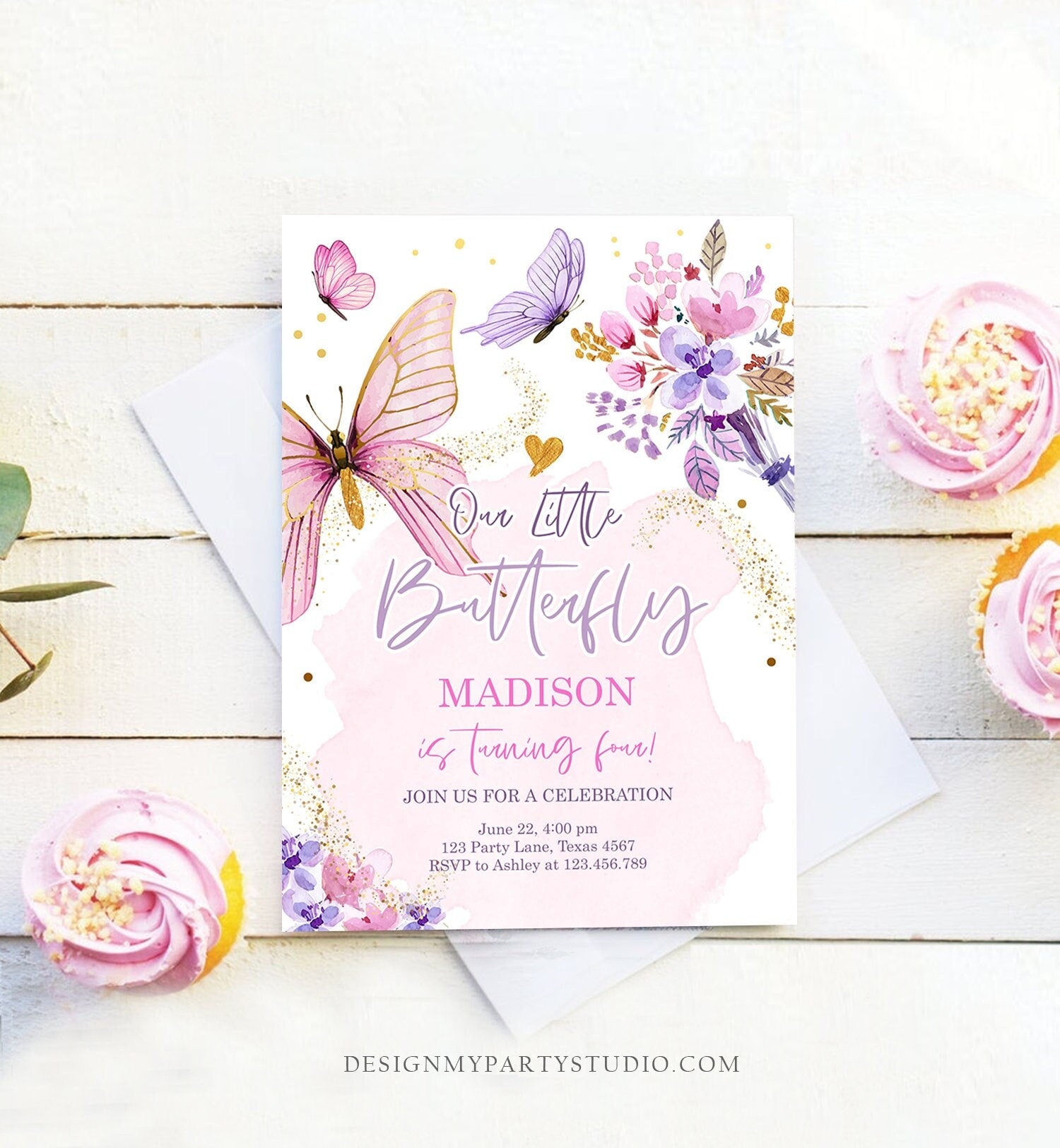 Editable Butterfly Birthday Invitation Girl Purple Butterfly Invite 1st Birthday Party Floral Pink Download Printable Template Corjl 0437