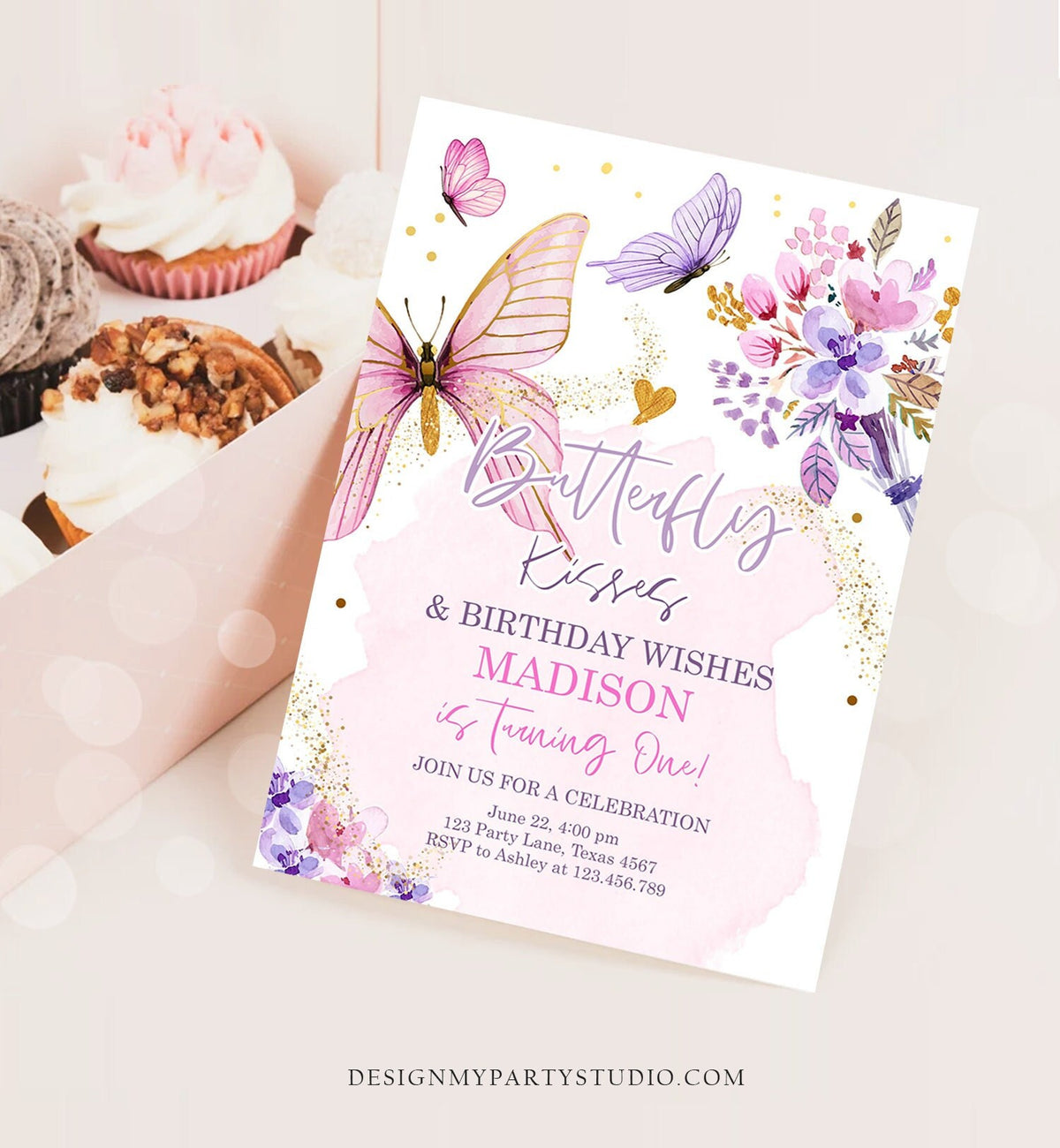 Editable Butterfly Birthday Invitation Girl Butterfly Kisses Invite 1st Birthday Party Floral Pink Download Printable Template Corjl 0437