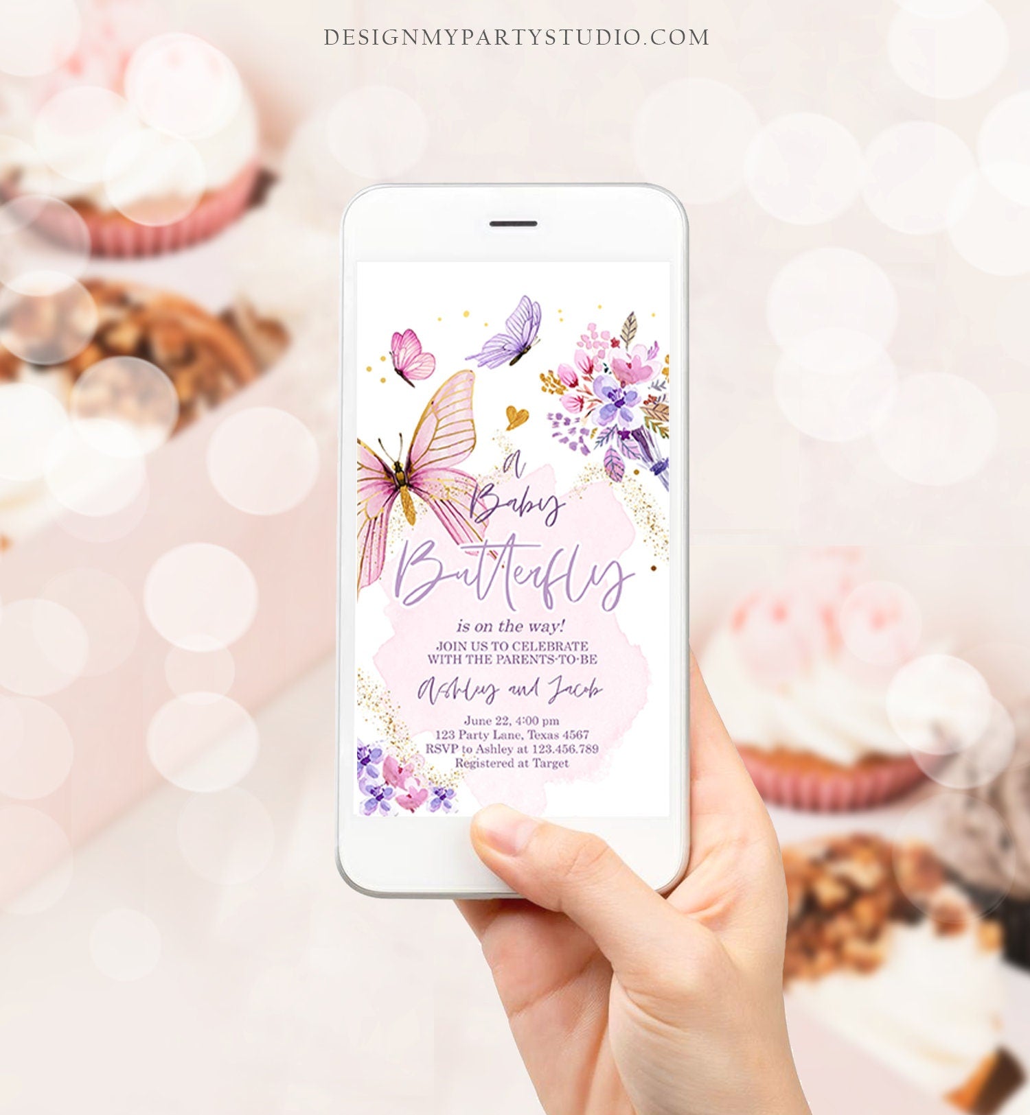 Editable Butterfly Baby Shower Evite Purple Butterfly on The Way Invite Floral Pink Gold Girl Phone Download Digital Template Corjl 0437