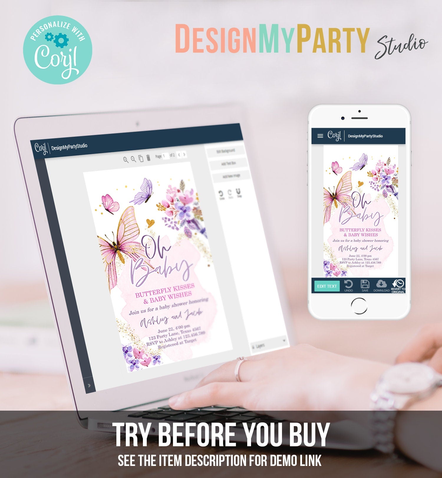 Editable Butterfly Baby Shower Evite Purple Butterfly on The Way Invite Floral Pink Gold Girl Phone Download Digital Template Corjl 0437