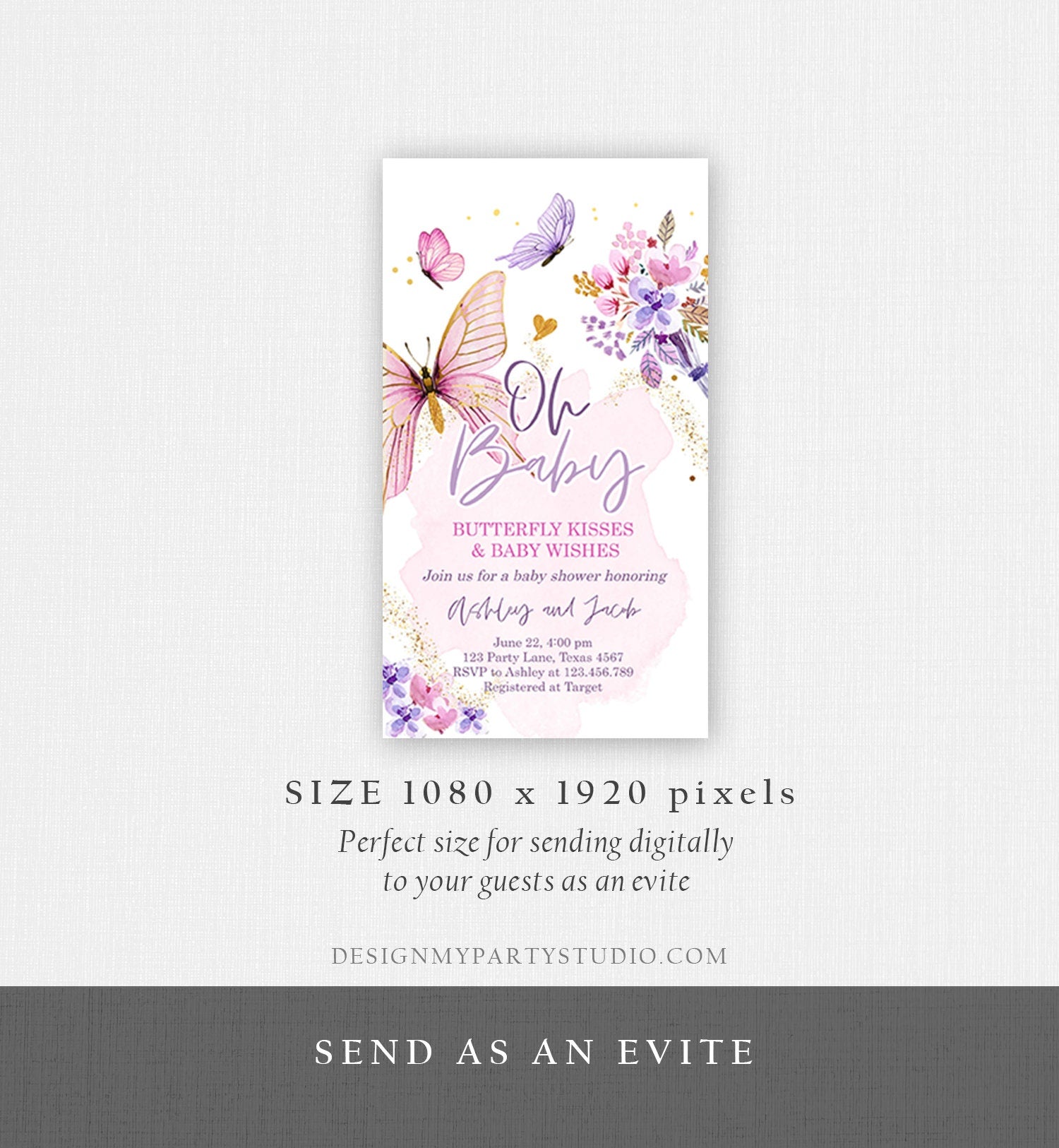 Editable Butterfly Baby Shower Evite Purple Butterfly on The Way Invite Floral Pink Gold Girl Phone Download Digital Template Corjl 0437