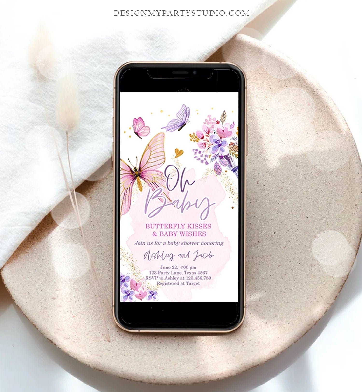 Editable Butterfly Baby Shower Evite Purple Butterfly on The Way Invite Floral Pink Gold Girl Phone Download Digital Template Corjl 0437