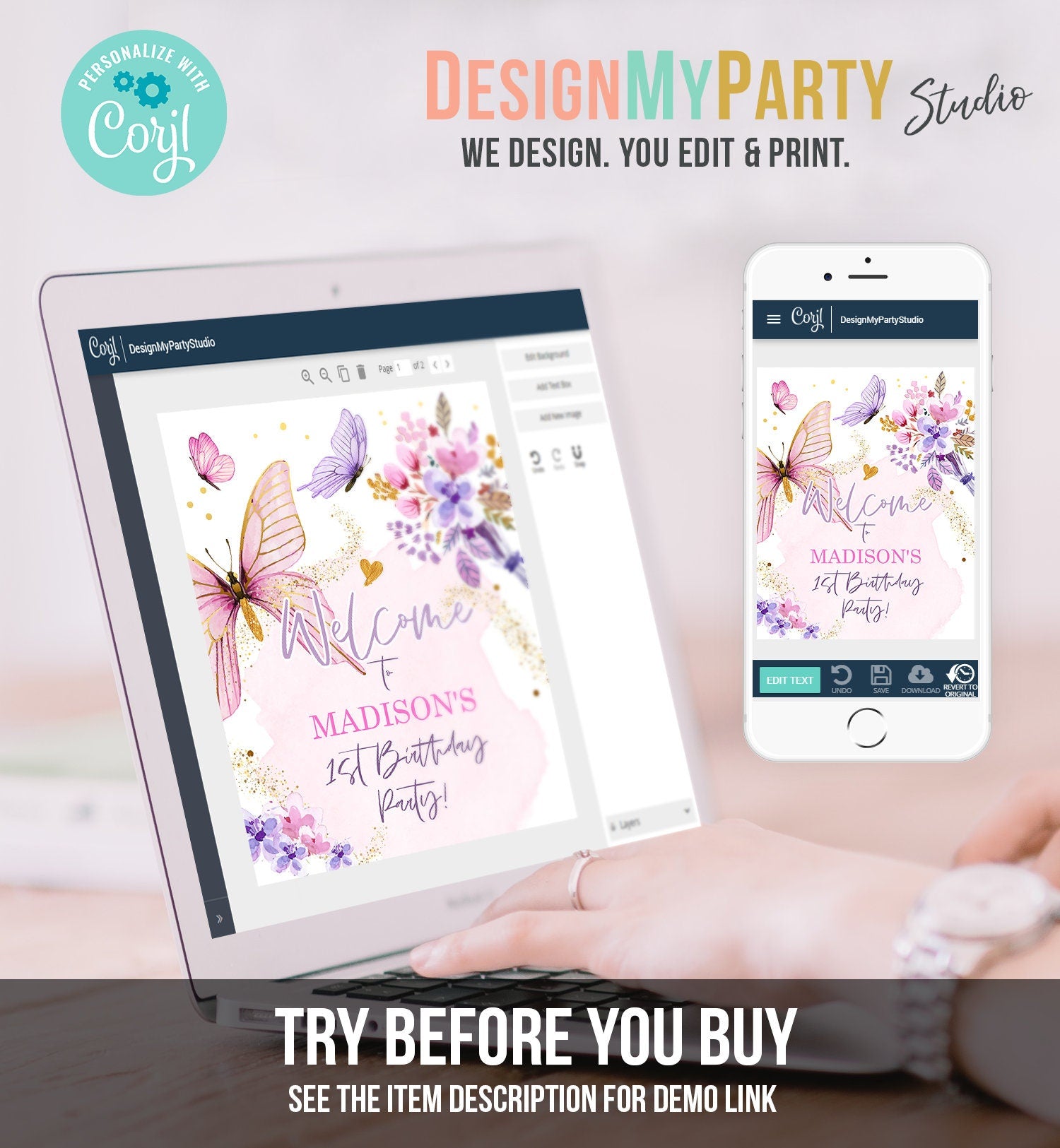 Editable Butterfly Welcome Sign Butterfly Birthday Party Butterfly Party Garden Girl Pink Gold Floral Purple Template PRINTABLE Corjl 0437