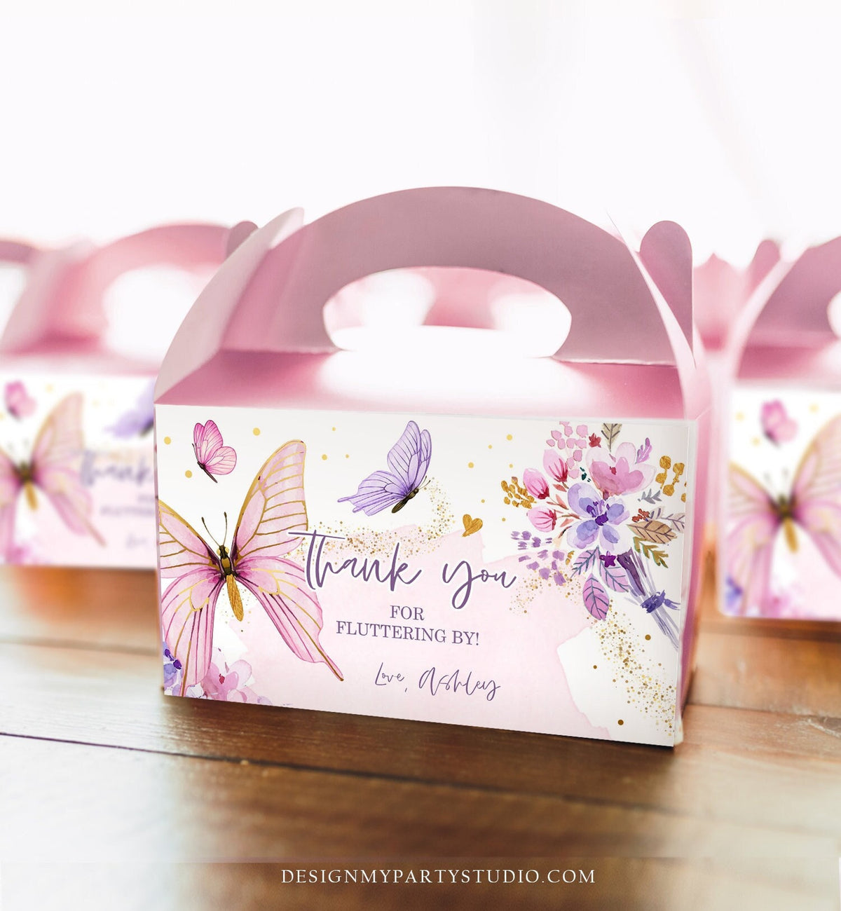 Editable Butterfly Gable Gift Box Label Butterfly Birthday Girl Treat Box Label Garden Baby Shower Pink Purple Download Printable Corjl 0437