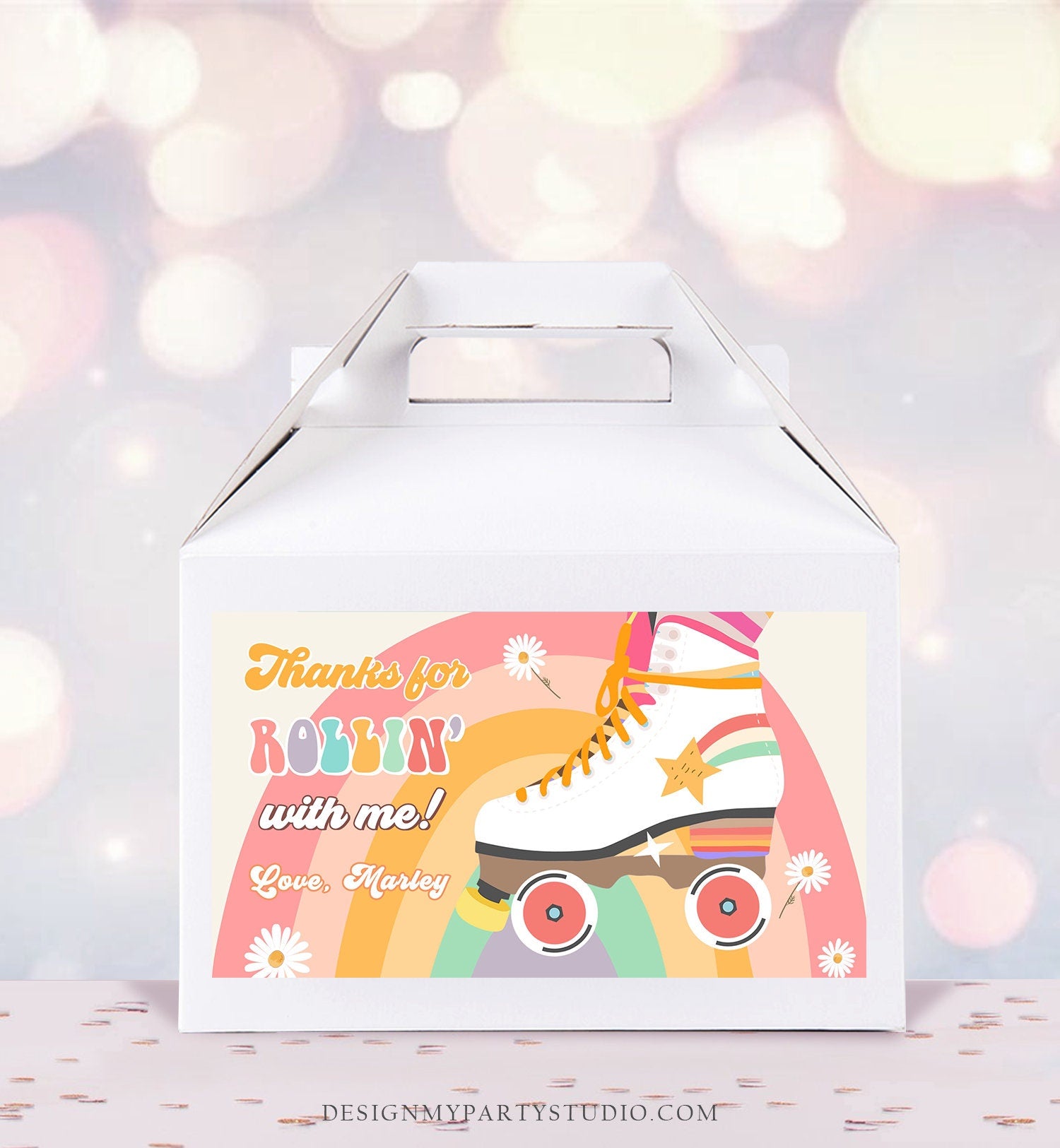 Editable Retro Skate Birthday Party Gable Box Favor Label 70's Gift Box Labels Skating Party Rolling Roller Download Printable Corjl 0435