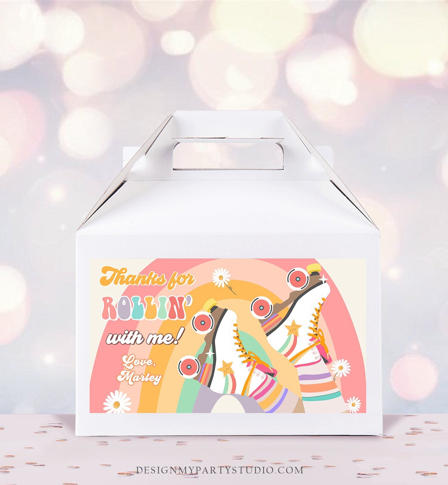 Editable Retro Skate Birthday Party Gable Box Favor Label 70's Gift Box Labels Skating Party Rolling Roller Download Template Printable 0435