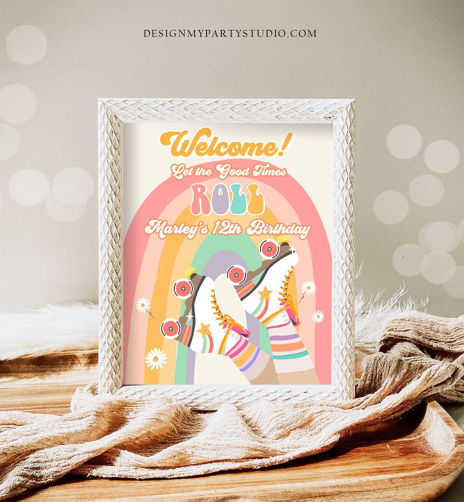 Editable Roller Skate Birthday Welcome Sign Retro Skating Birthday Girl Pink Let's Roll 70's Skate Party Sign Template PRINTABLE Corjl 0435