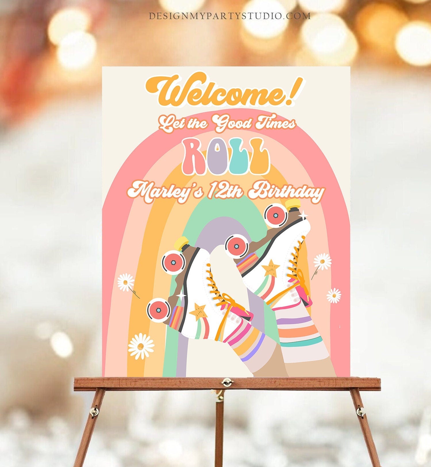 Editable Roller Skate Birthday Welcome Sign Retro Skating Birthday Girl Pink Let's Roll 70's Skate Party Sign Template PRINTABLE Corjl 0435