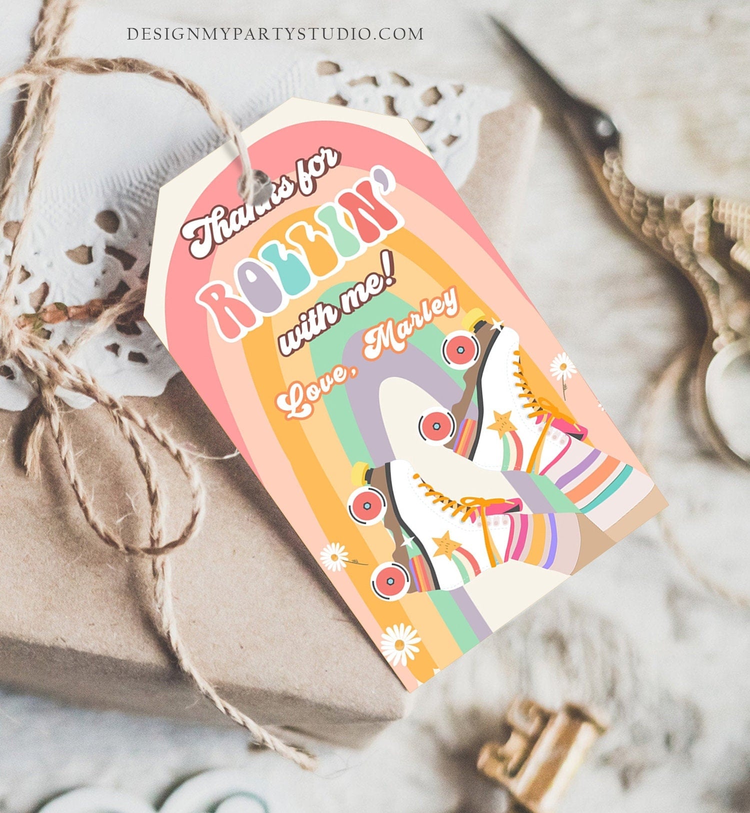 Editable Roller Skating Favor Tag Roller Skate Birthday Thank You Tags Girl Retro Skate Party Disco Digital Download Template Printable 0435