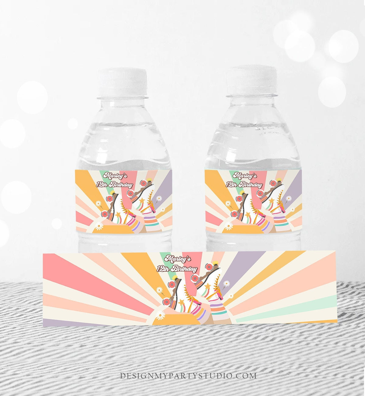 Editable Roller Skate Water Bottle Labels Retro Skate Party Girl Skating Birthday Let&#39;s Roll Labels Pink Digital Template Printable 0435