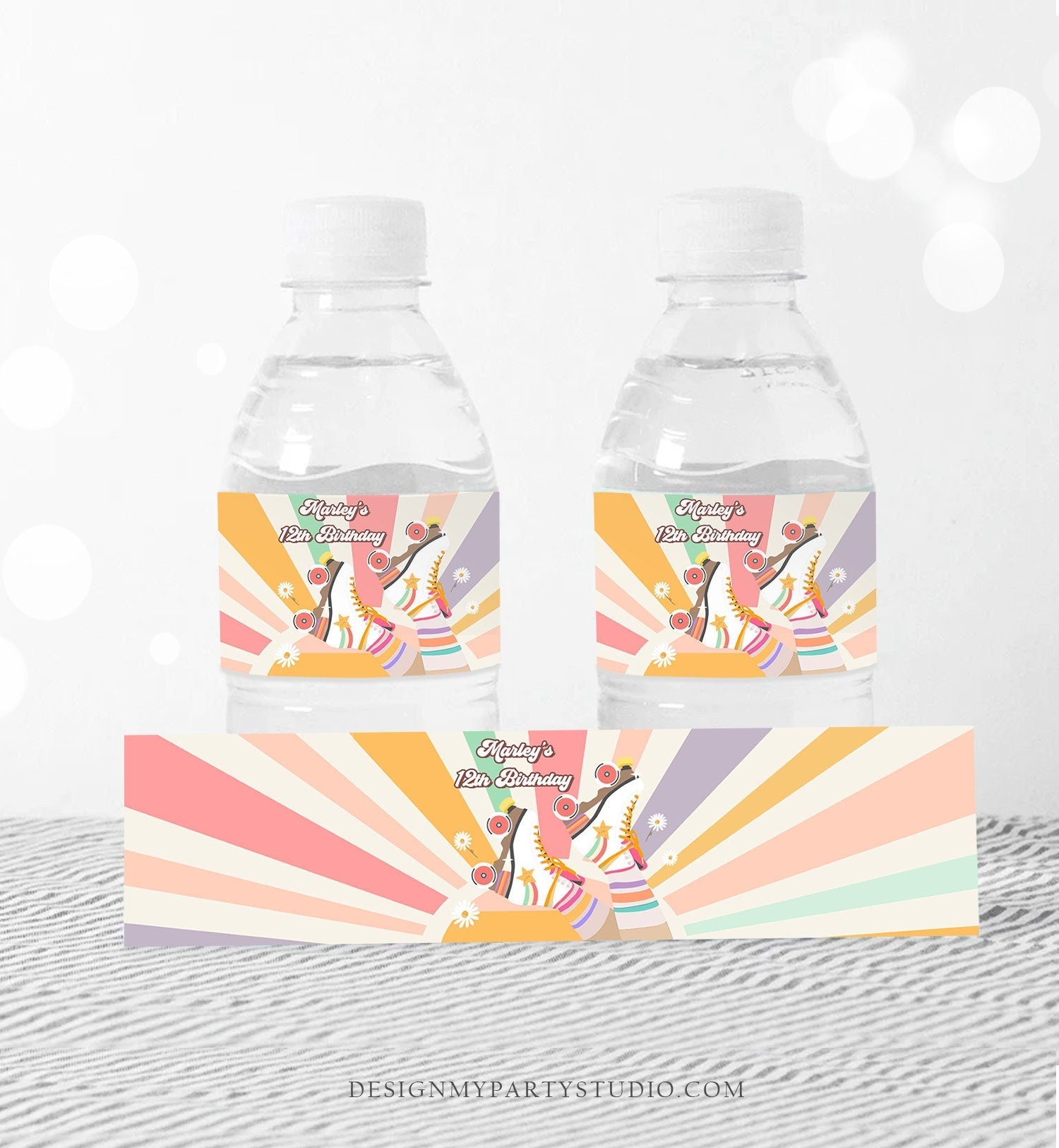 Editable Roller Skate Water Bottle Labels Retro Skate Party Girl Skating Birthday Let's Roll Labels Pink Digital Template Printable 0435