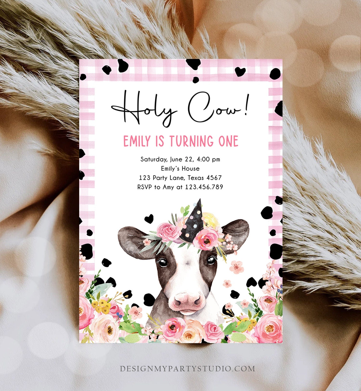 Editable Cow Birthday Invitation Girl Farm Animals Pink Floral Barnyard Party Holy Cow Party 1st One Download Printable Template Corjl 0434