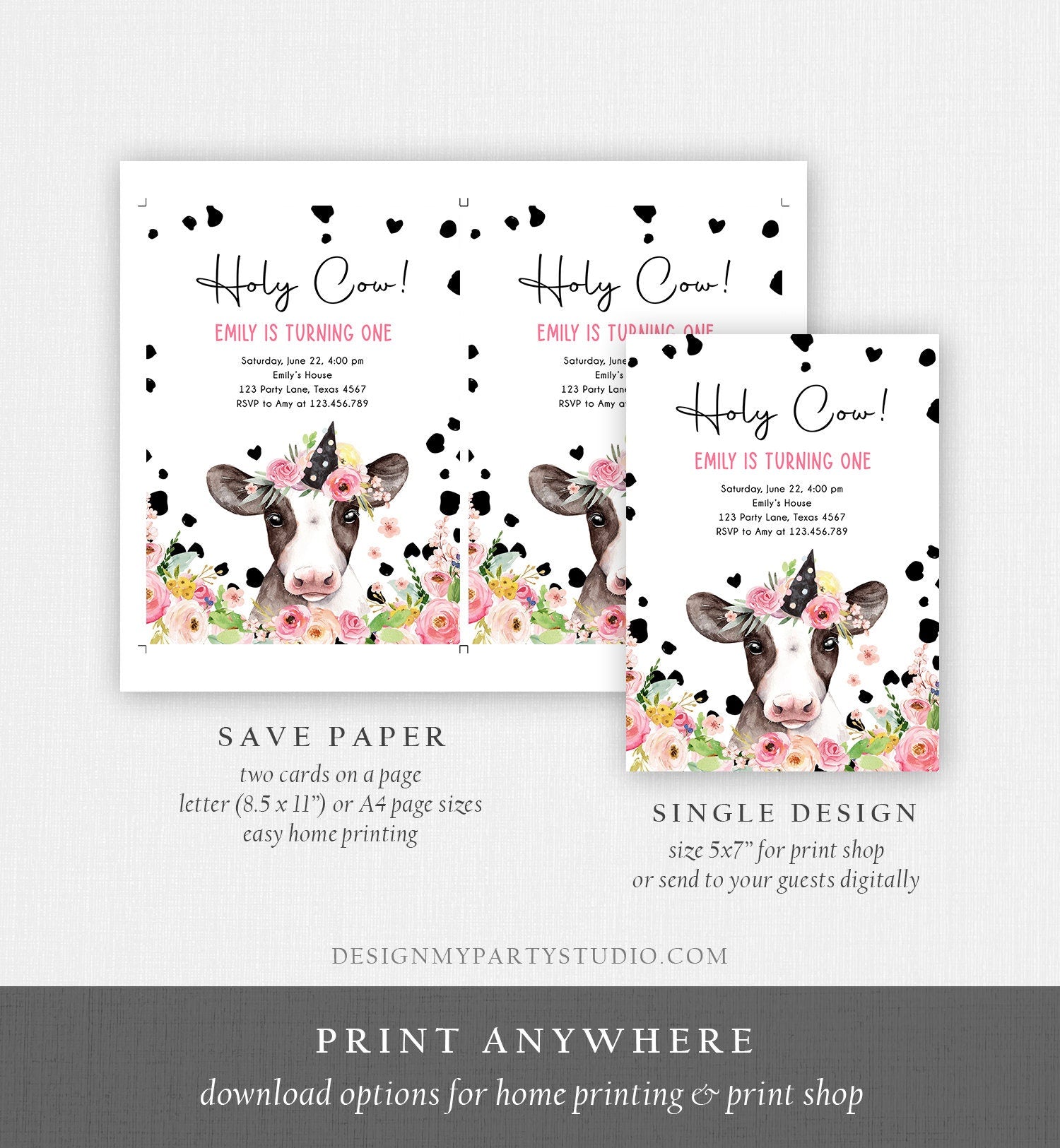 Editable Cow Birthday Invitation Girl Farm Animals Pink Floral Barnyard Party Holy Cow Party 1st One Download Printable Template Corjl 0434