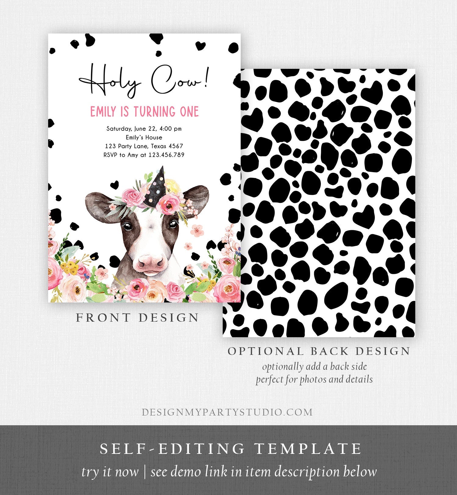 Editable Cow Birthday Invitation Girl Farm Animals Pink Floral Barnyard Party Holy Cow Party 1st One Download Printable Template Corjl 0434