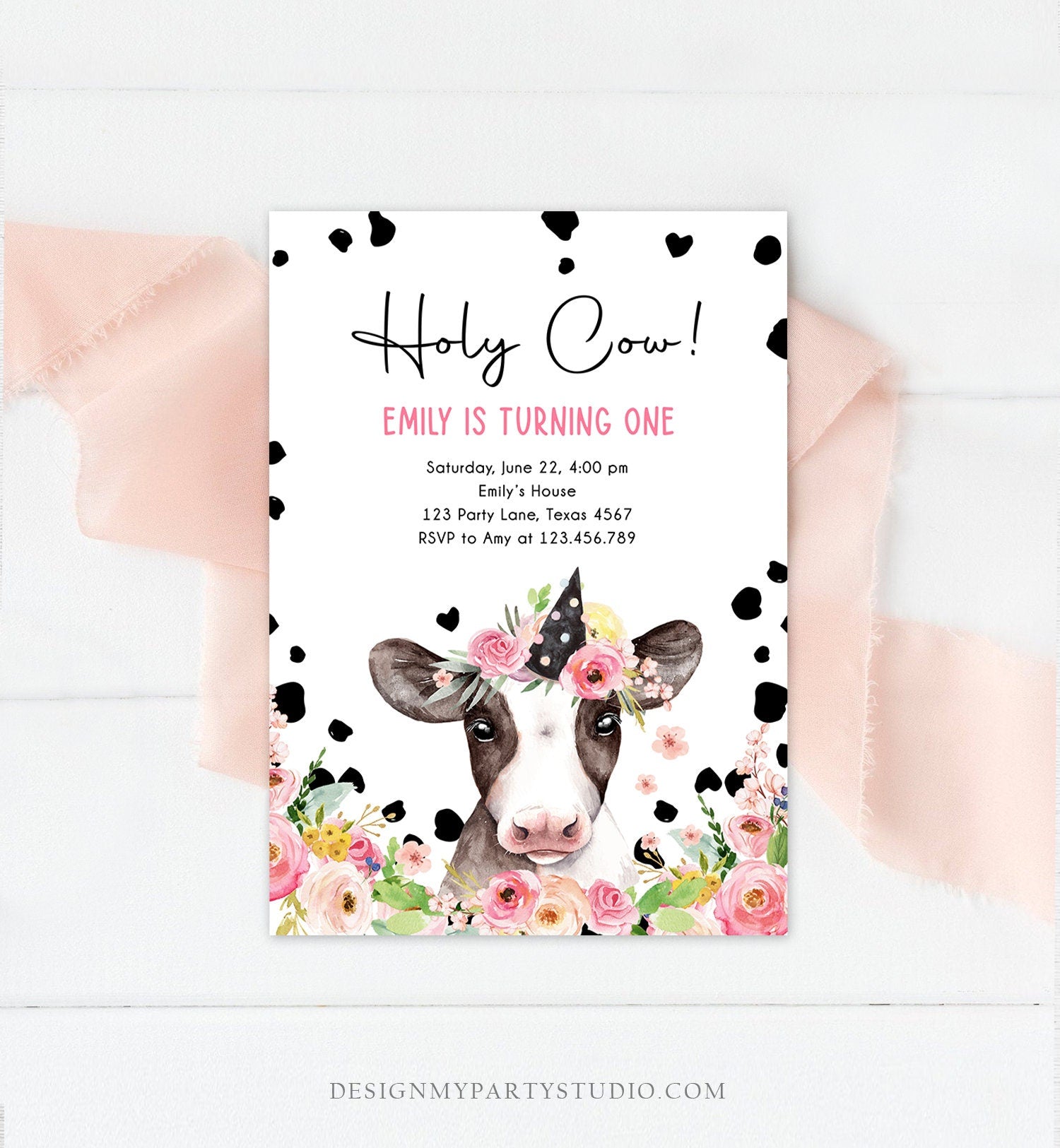 Editable Cow Birthday Invitation Girl Farm Animals Pink Floral Barnyard Party Holy Cow Party 1st One Download Printable Template Corjl 0434