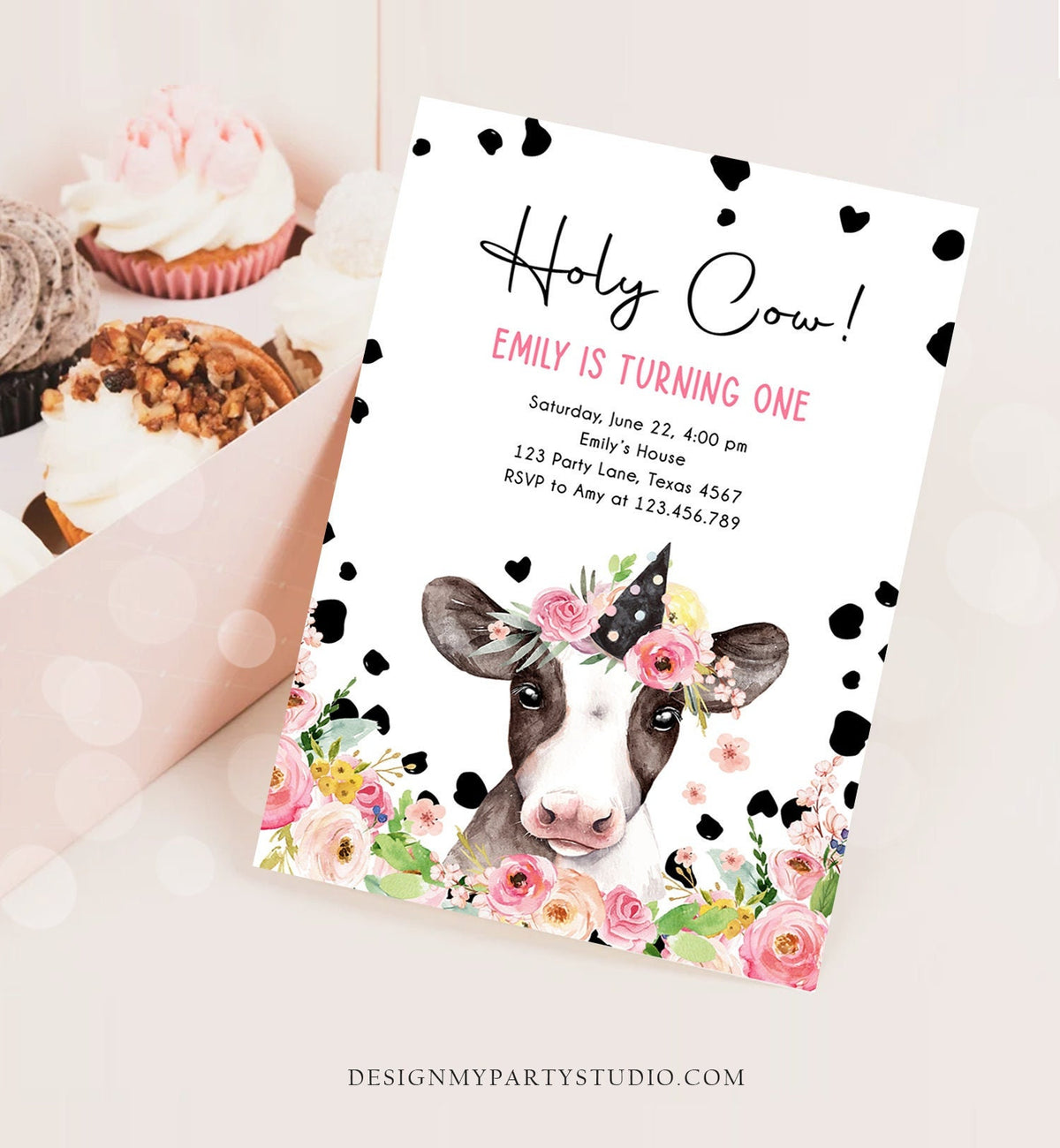 Editable Cow Birthday Invitation Girl Farm Animals Pink Floral Barnyard Party Holy Cow Party 1st One Download Printable Template Corjl 0434