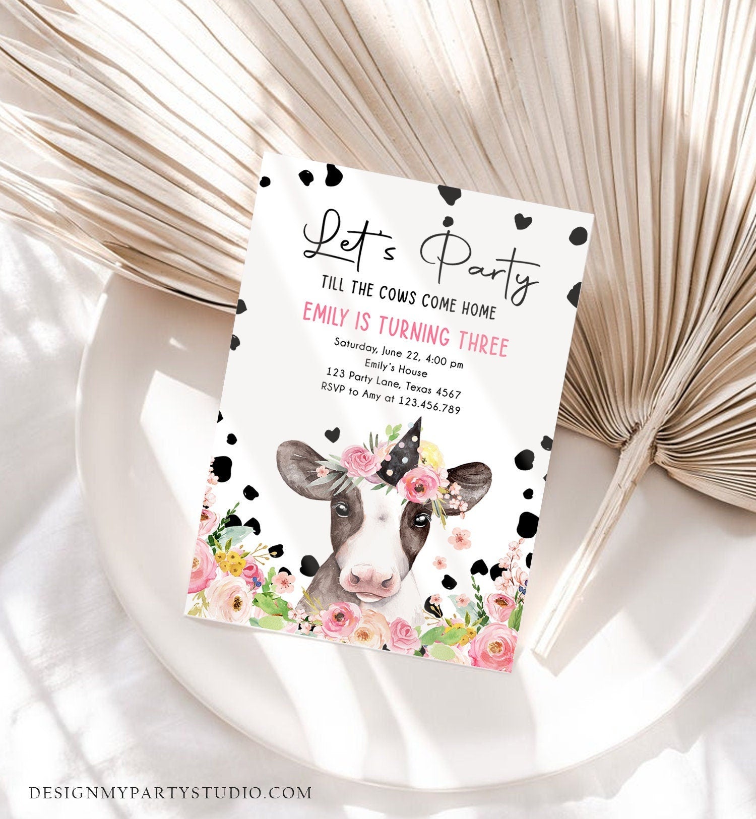 Editable Cow Birthday Invitation Girl Farm Animals Let's Party Till The Cows Come Home Holy Cow 1st Download Printable Template Corjl 0434