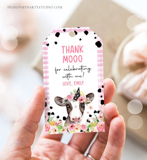 Editable Cow Thank You Tags Farm Favor Tags Thank Mooo Barnyard Gift Tags Pink Farm Floral Holy Cow Party Tag Template PRINTABLE Corjl 0434