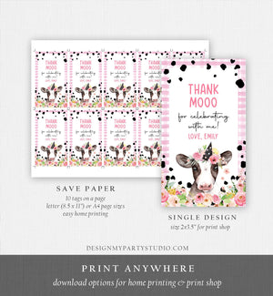 Editable Cow Thank You Tags Farm Favor Tags Thank Mooo Barnyard Gift Tags Pink Farm Floral Holy Cow Party Tag Template PRINTABLE Corjl 0434