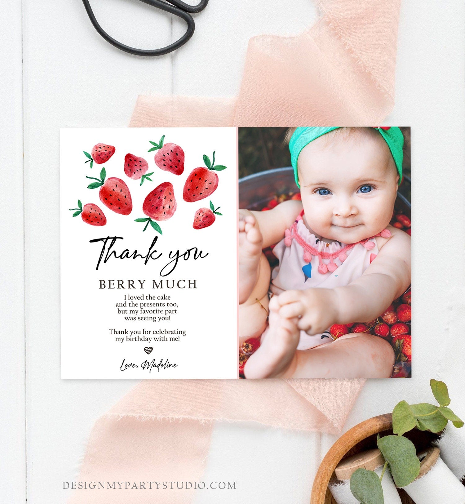 Editable Strawberry Thank You Card Strawberry Birthday First Berry Much Farmers Market Strawberries Download Printable Template Corjl 0399