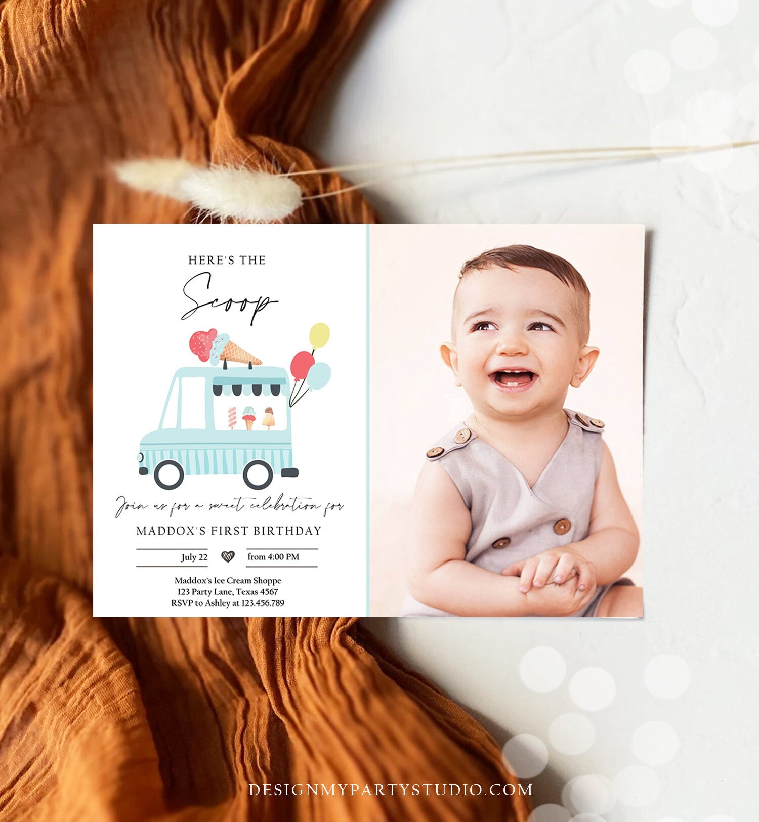 Editable Ice Cream Truck Birthday Invitation Ice Cream Truck Boy Modern Ice Cream Shoppe Van The Scoop Digital Evite Template Printable 0415