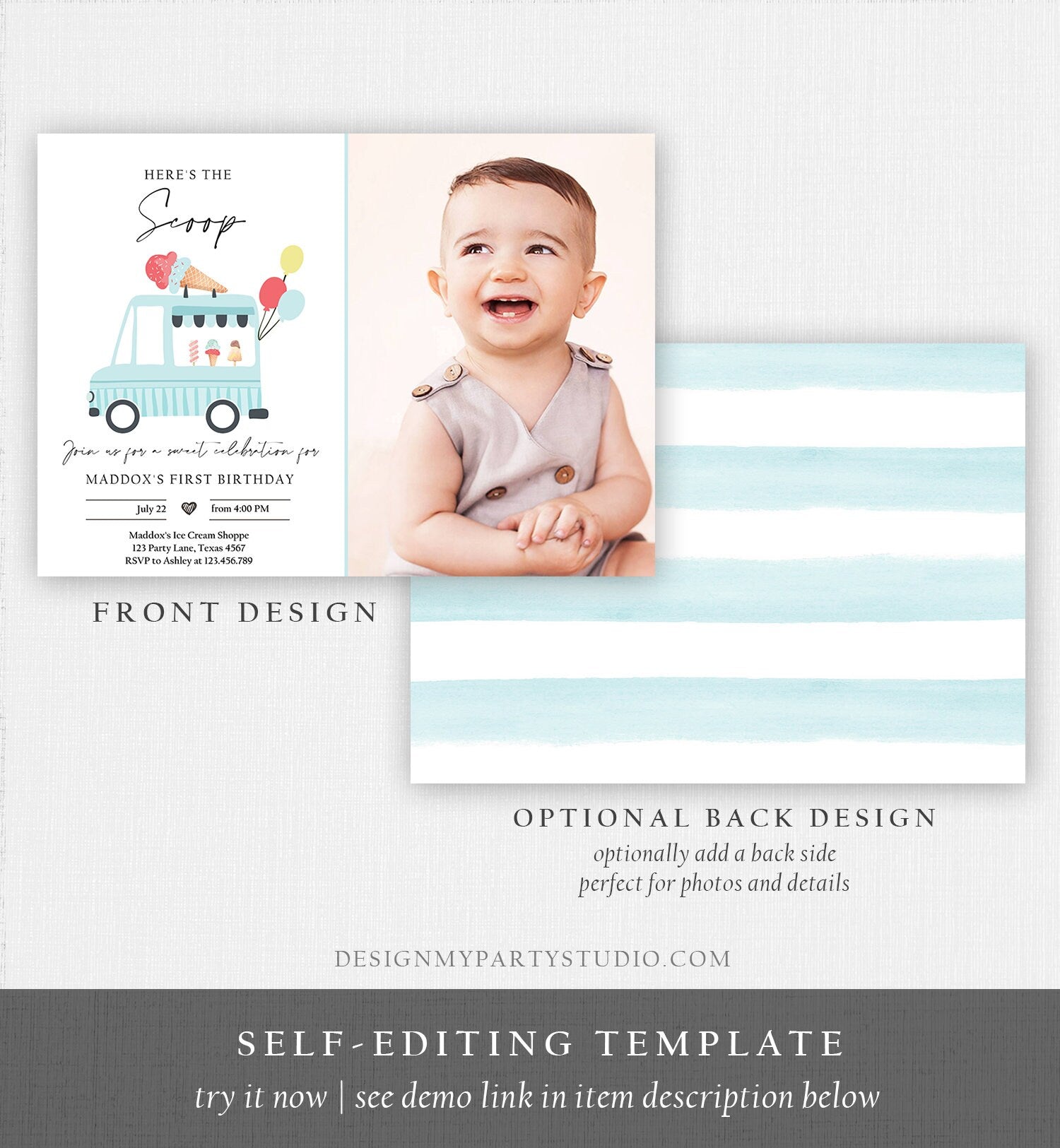 Editable Ice Cream Truck Birthday Invitation Ice Cream Truck Boy Modern Ice Cream Shoppe Van The Scoop Digital Evite Template Printable 0415