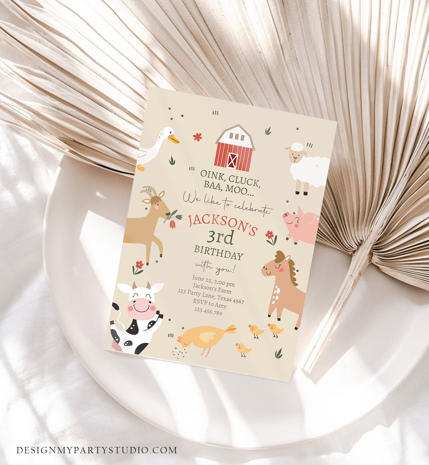 Editable Farm Animals Birthday Invitation Boy Farm Barnyard First Birthday Party Animals Modern Farm Download Corjl Template Printable 0436