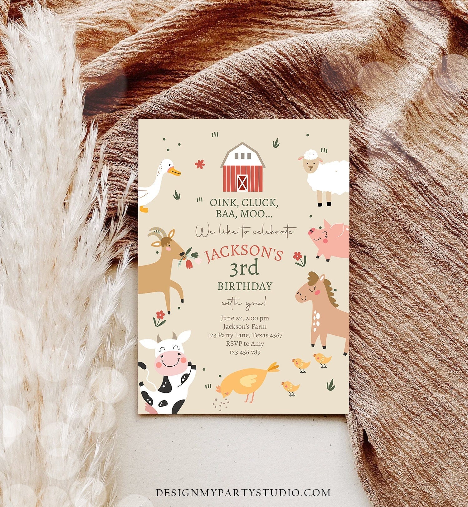 Editable Farm Animals Birthday Invitation Boy Farm Barnyard First Birthday Party Animals Modern Farm Download Corjl Template Printable 0436