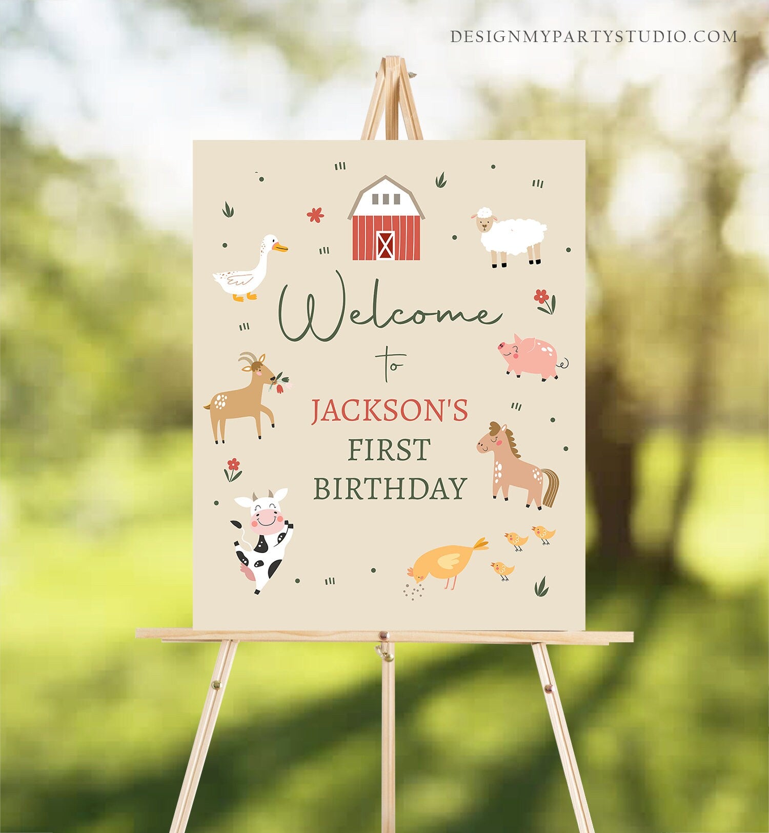 Editable Farm Birthday Welcome Sign Barnyard Birthday Welcome Sign Farm Animals Birthday Sign Boy Red Modern Template Corjl PRINTABLE 0436