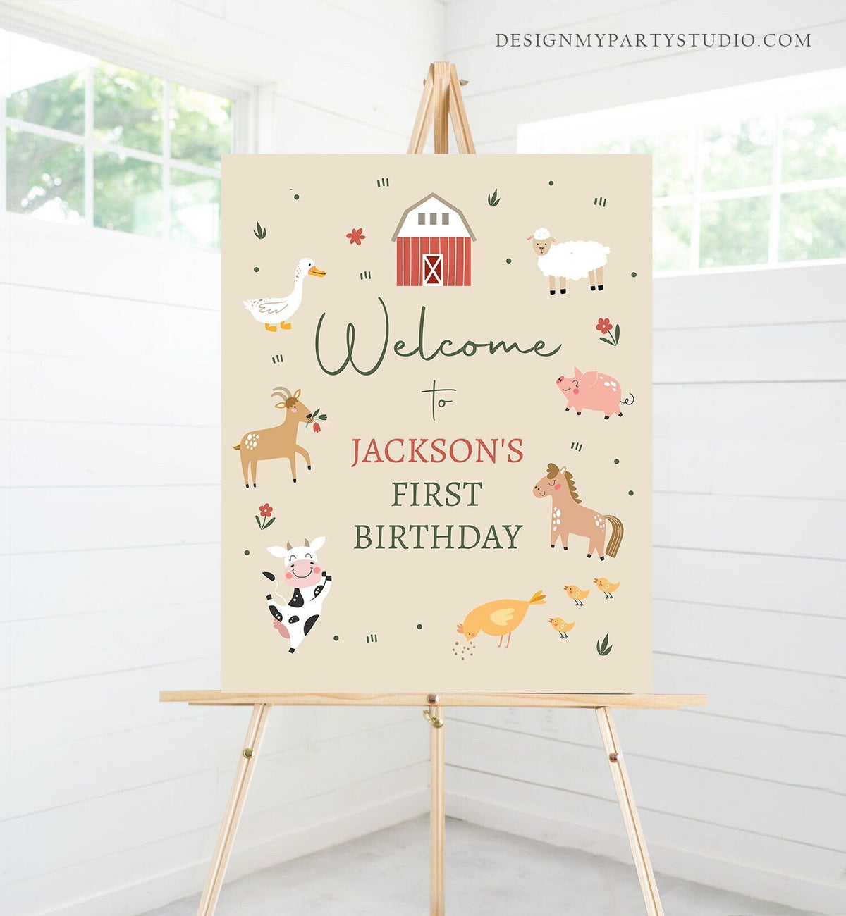 Editable Farm Birthday Welcome Sign Barnyard Birthday Welcome Sign Farm Animals Birthday Sign Boy Red Modern Template Corjl PRINTABLE 0436