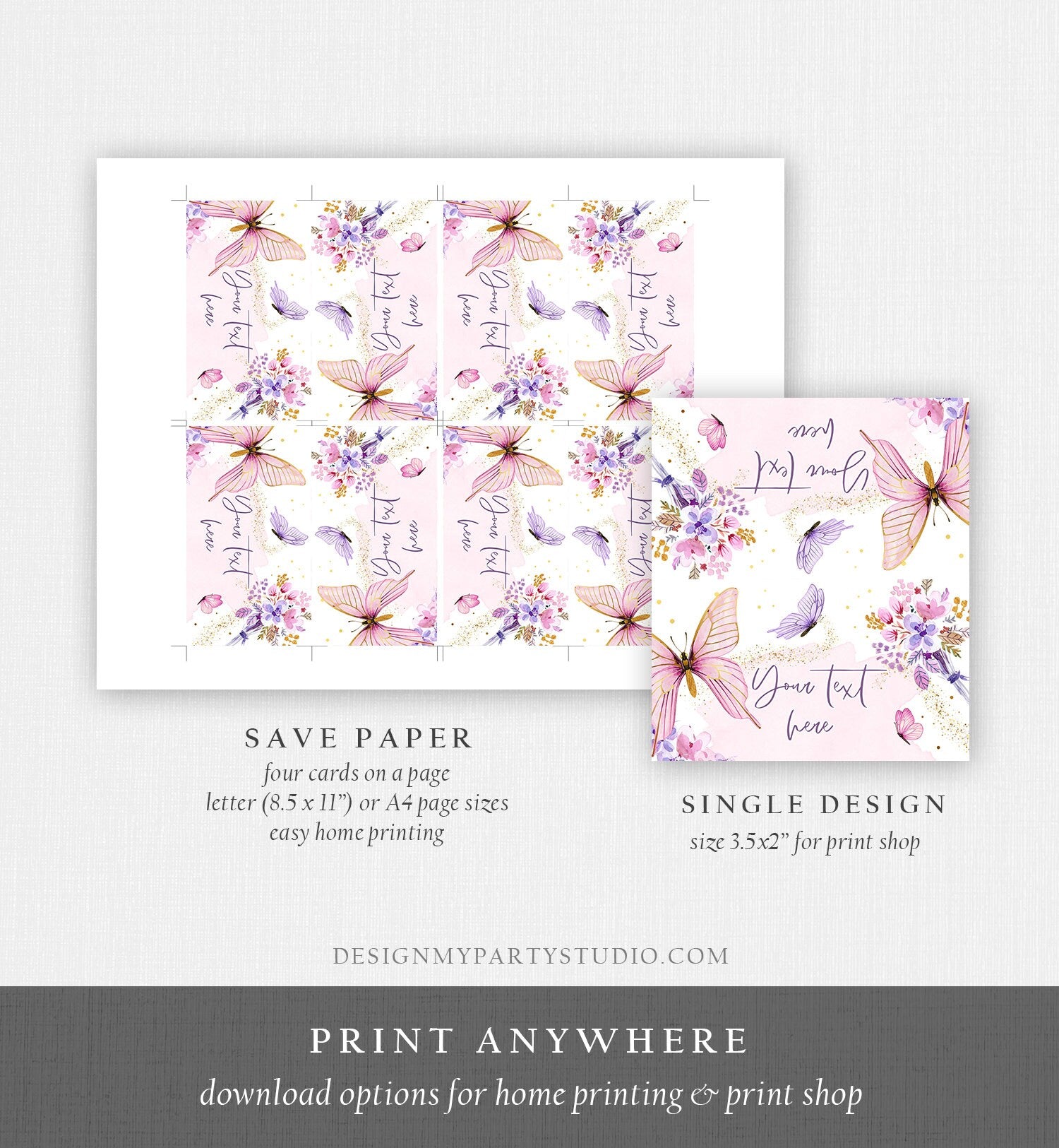 Editable Butterfly Food Labels Floral Butterfly Birthday Food Cards Tent Card Girl Pink Purple Buffet Label Tent Card Template Corjl 0437